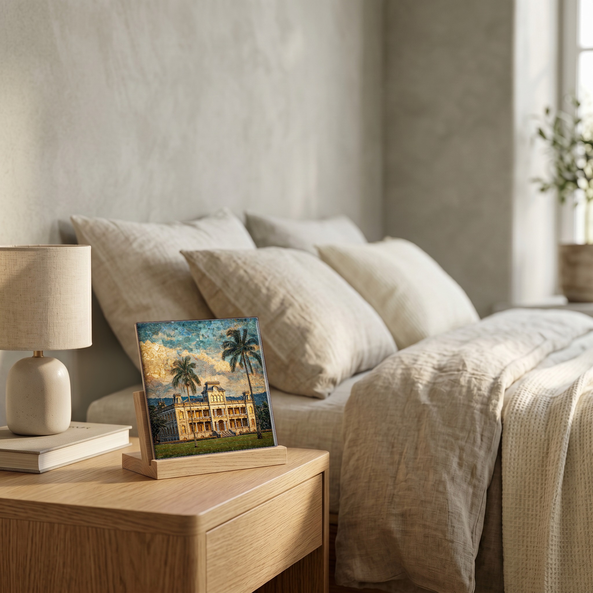 On the nightstand, on a light oak stand.