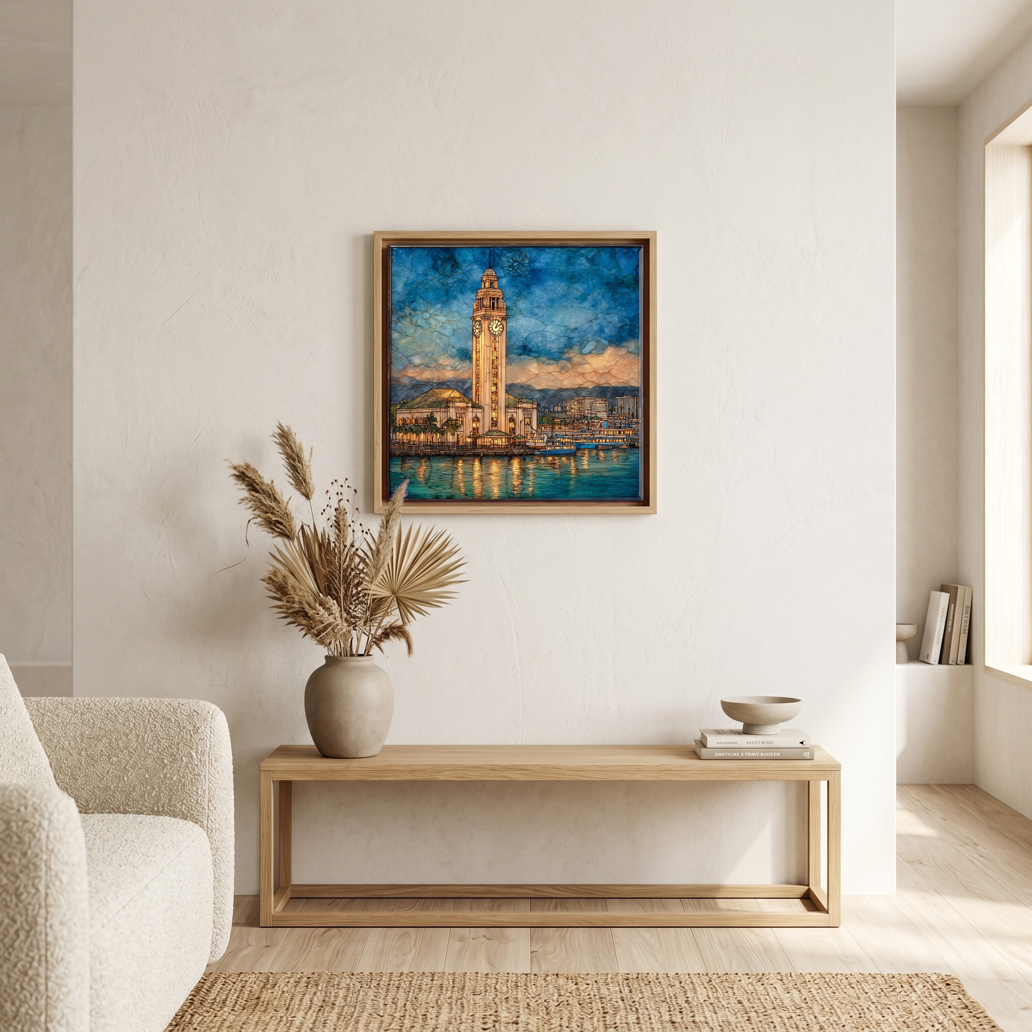 Above the bench, in a warm oak surround.