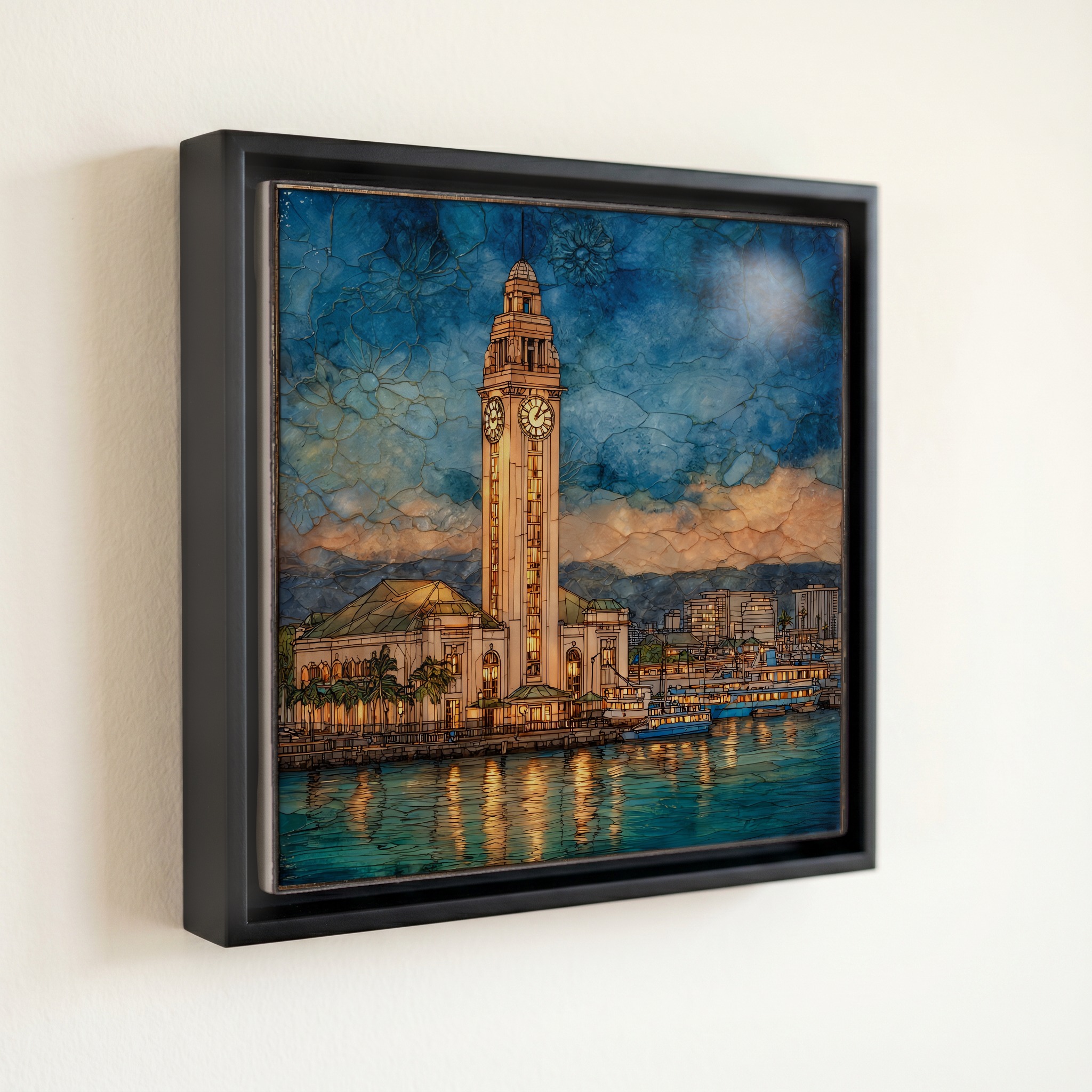 shown in a slim black floating frame · 6 × 6 in