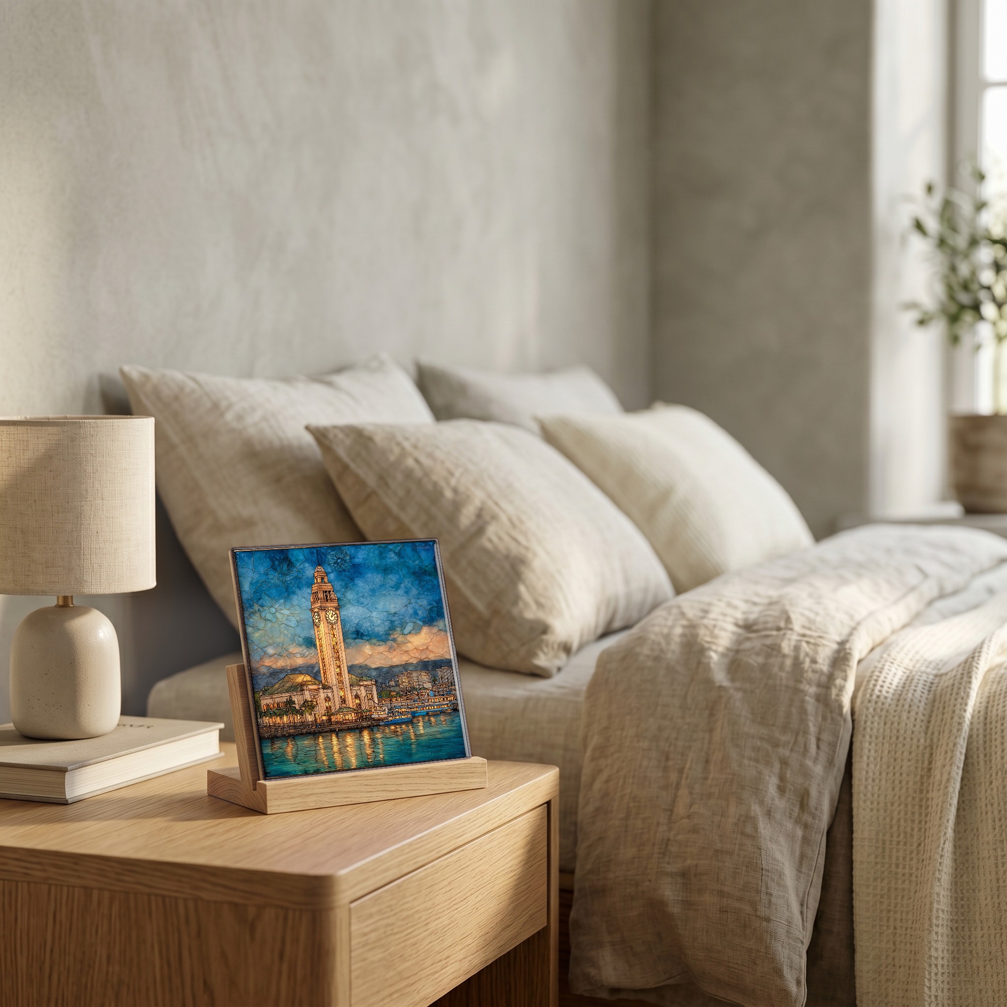 On the nightstand, on a light oak stand.