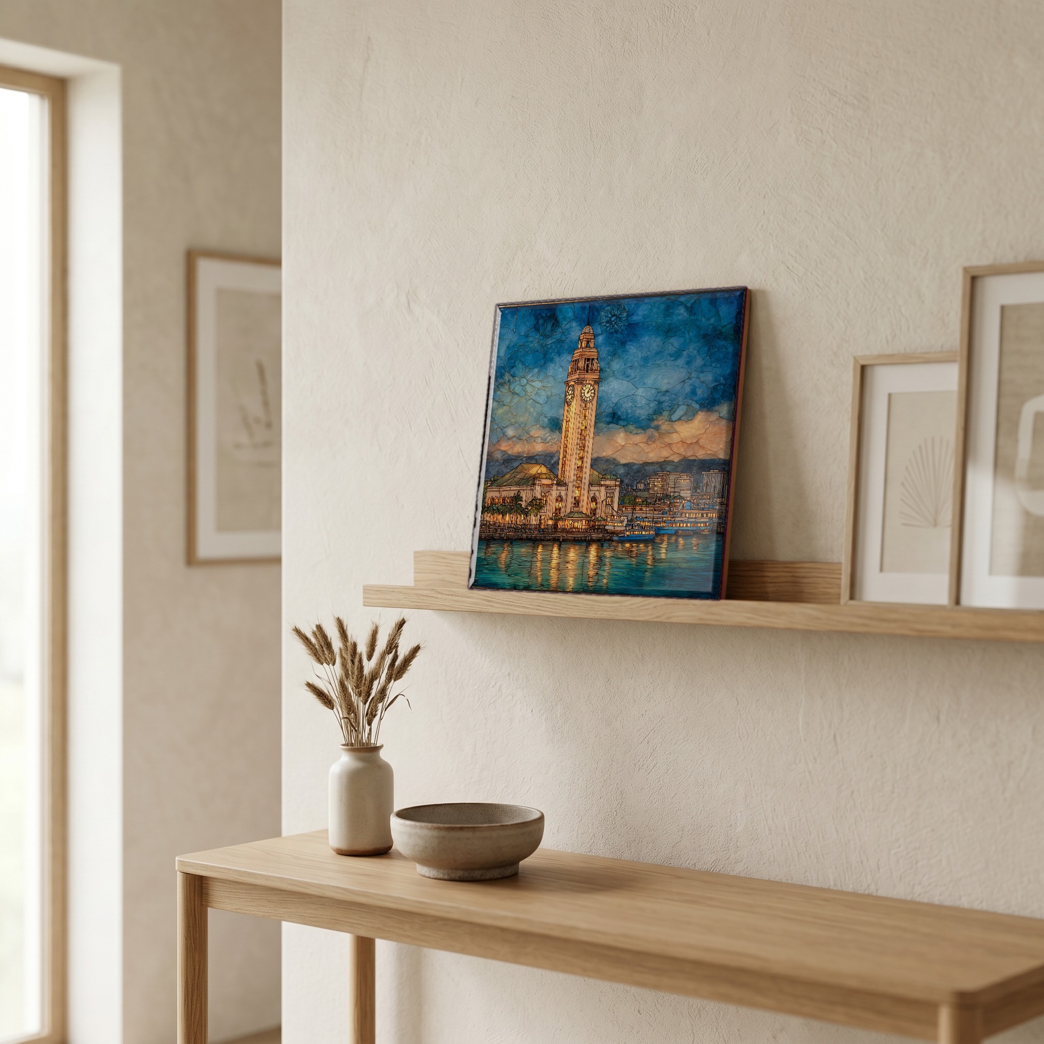 On a picture ledge, where the light comes in.