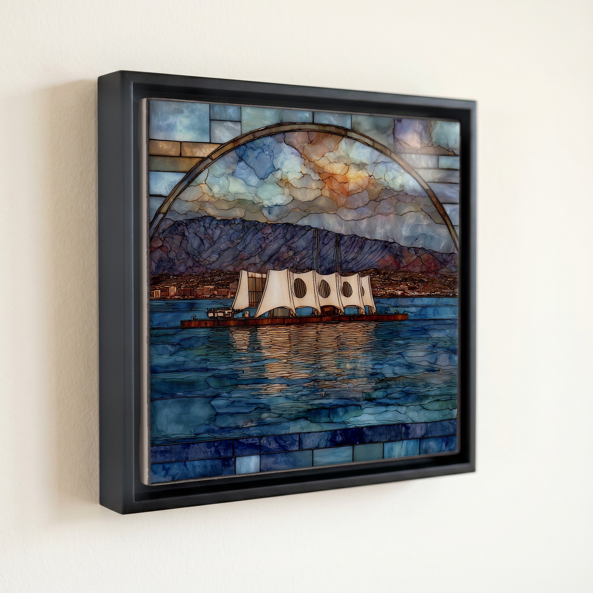 shown in a slim black floating frame · 6 × 6 in