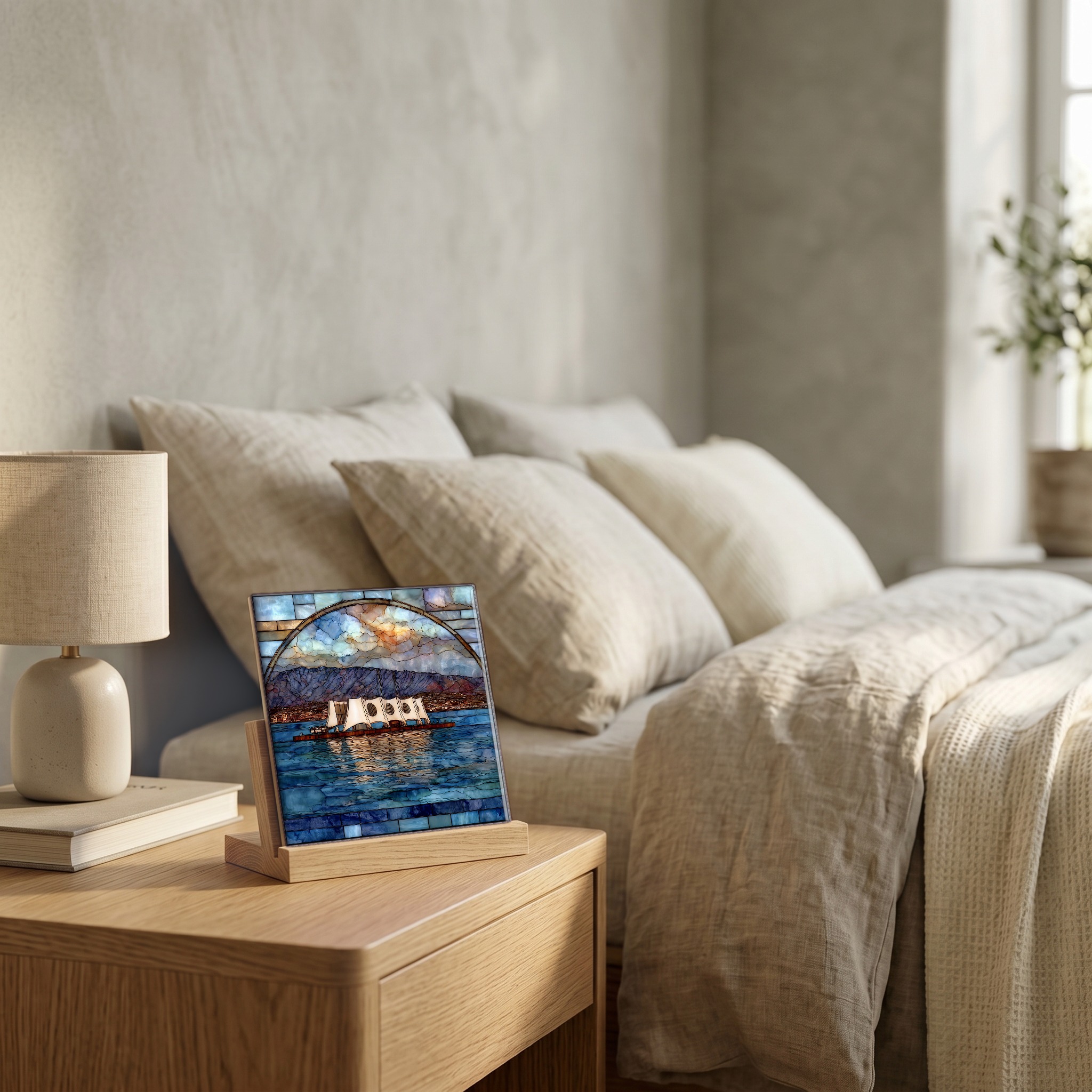 On the nightstand, on a light oak stand.