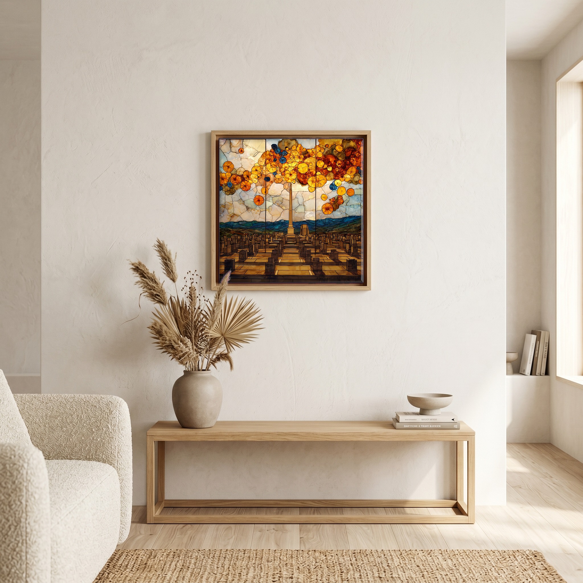 Above the bench, in a warm oak surround.