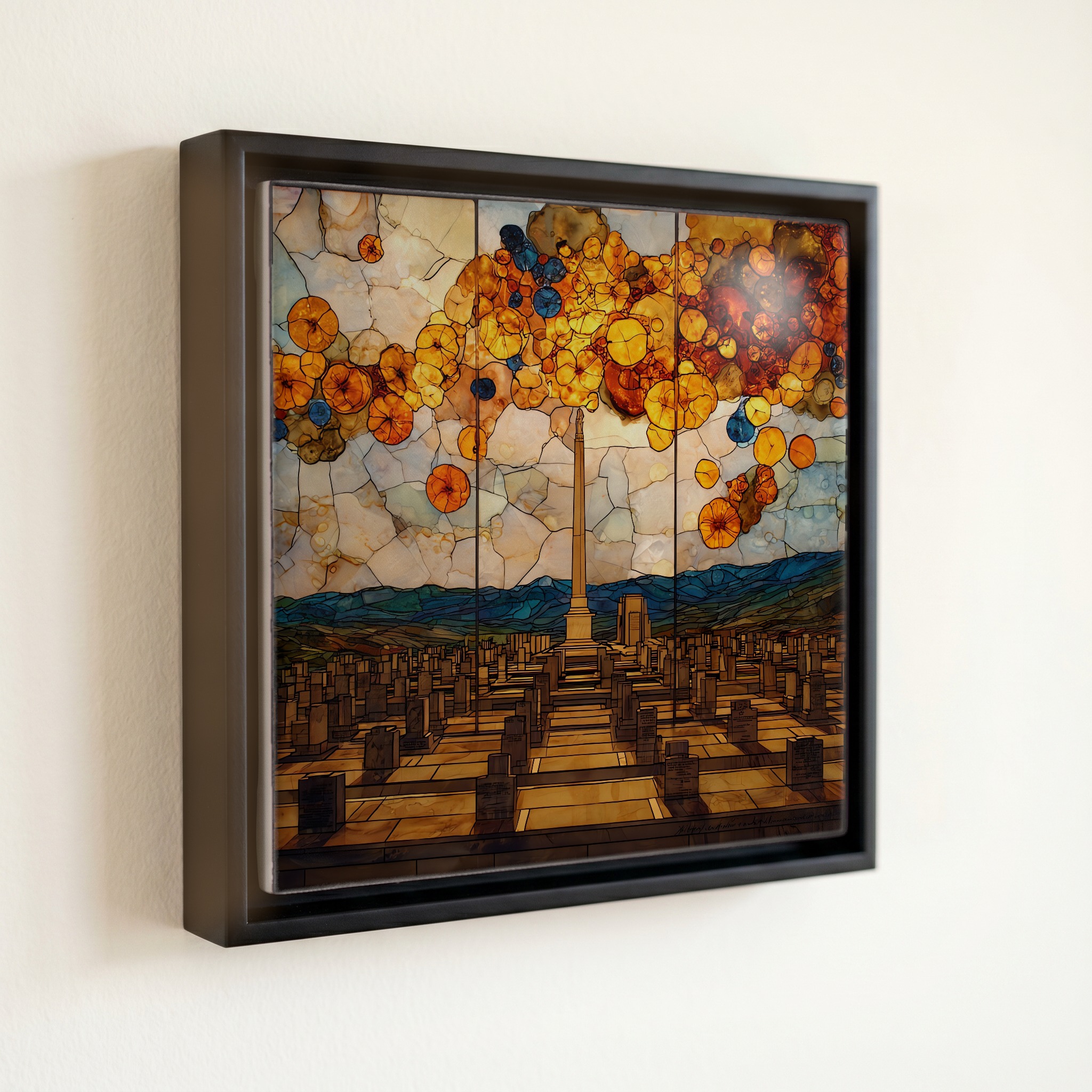 shown in a slim black floating frame · 6 × 6 in