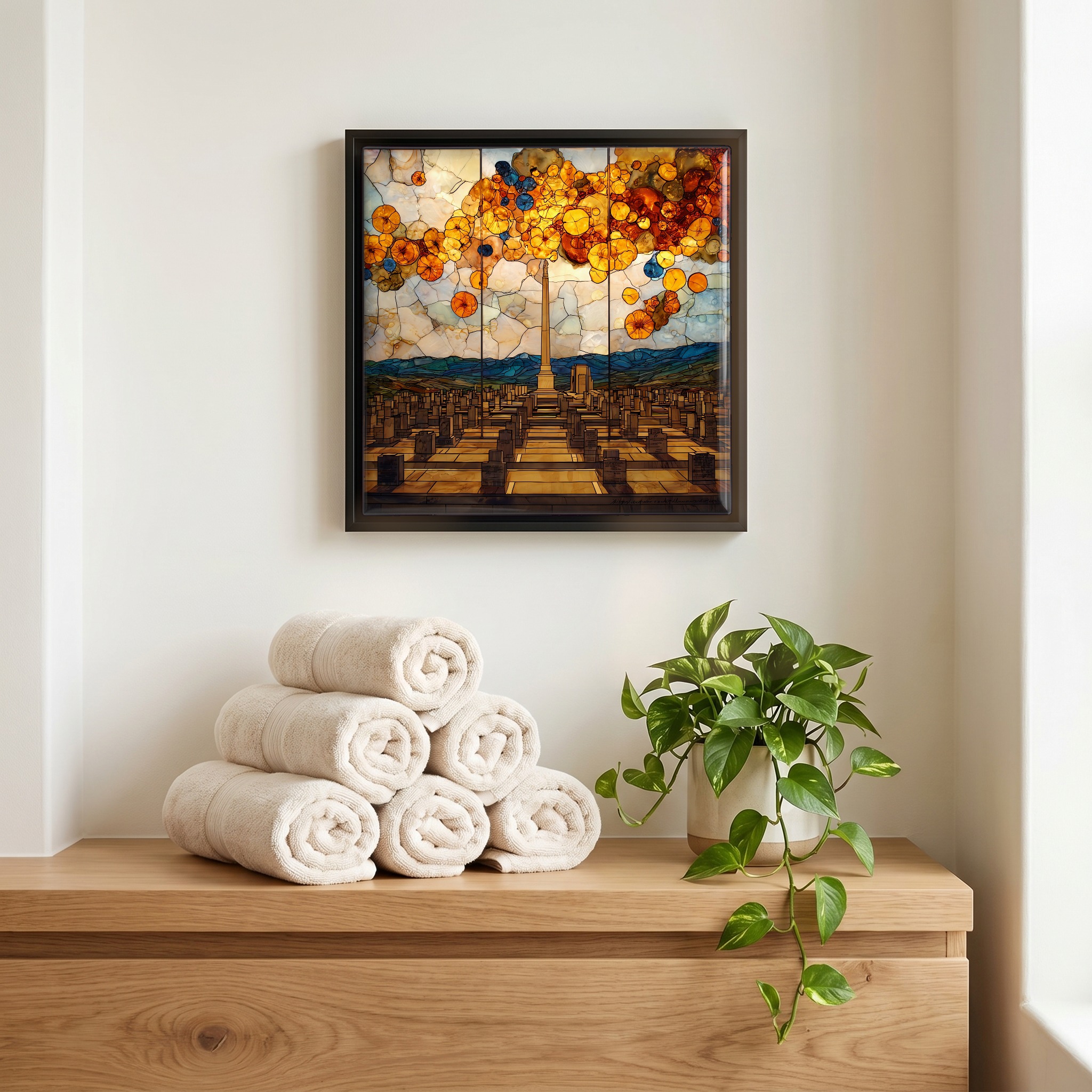 Above the linens, in a slim black surround.