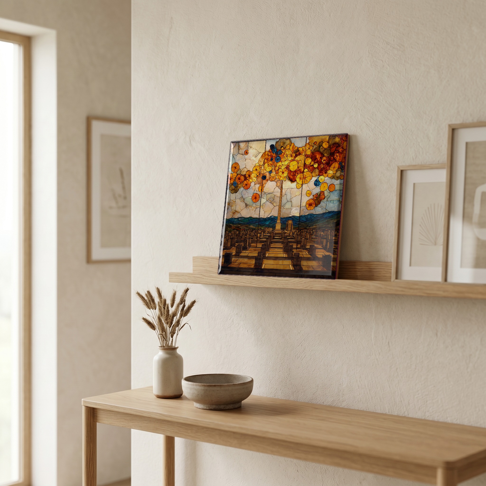 On a picture ledge, where the light comes in.