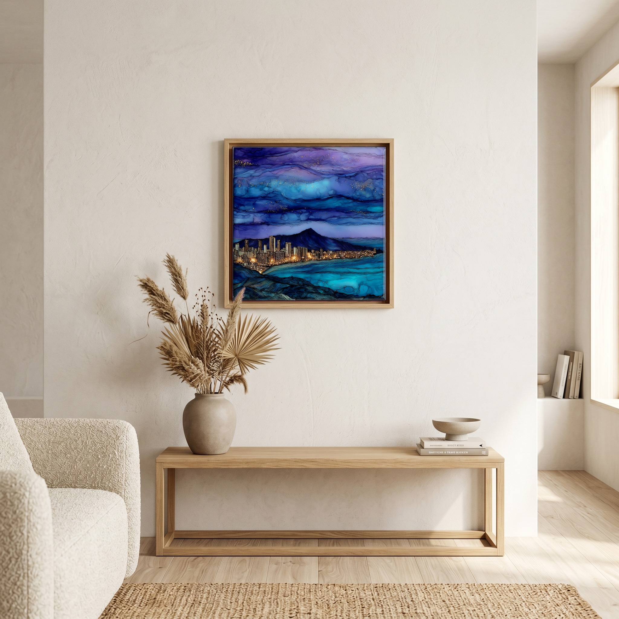 Above the bench, in a warm oak surround.