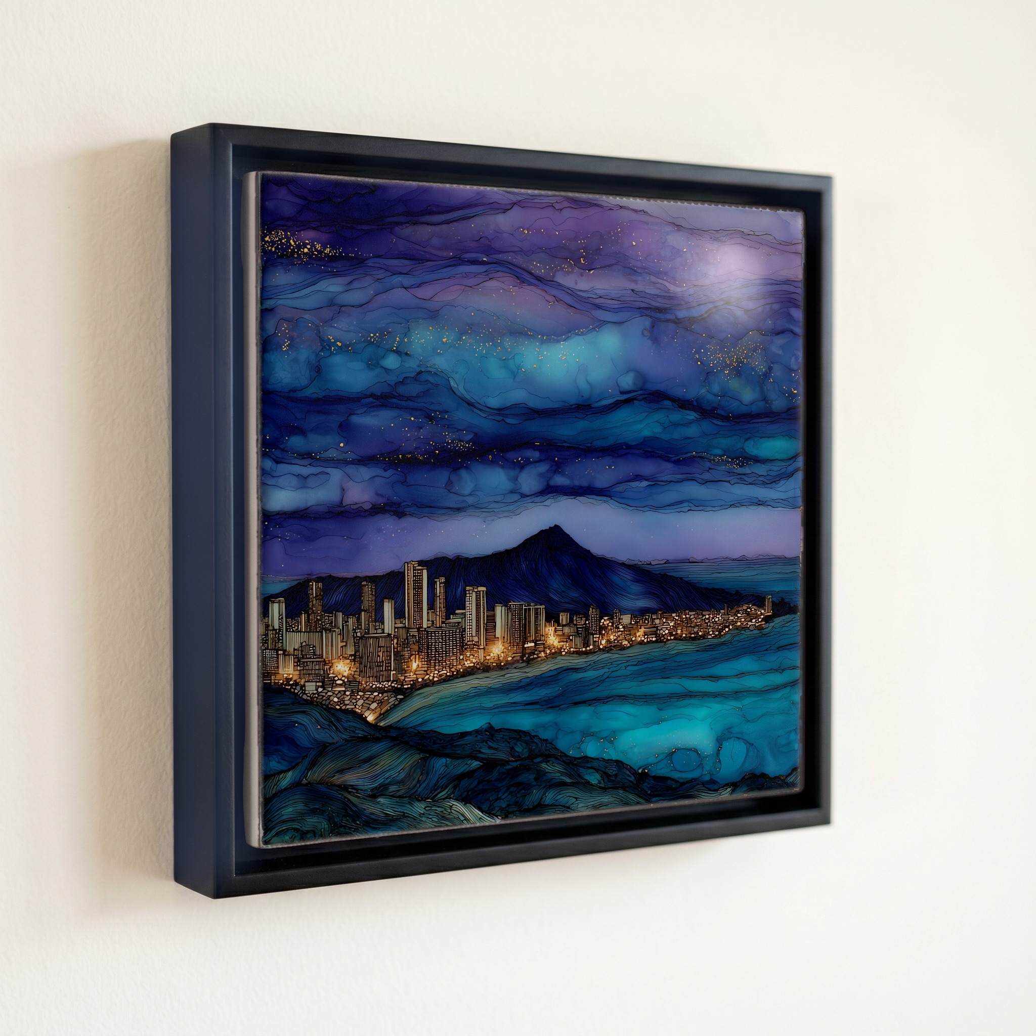shown in a slim black floating frame · 6 × 6 in
