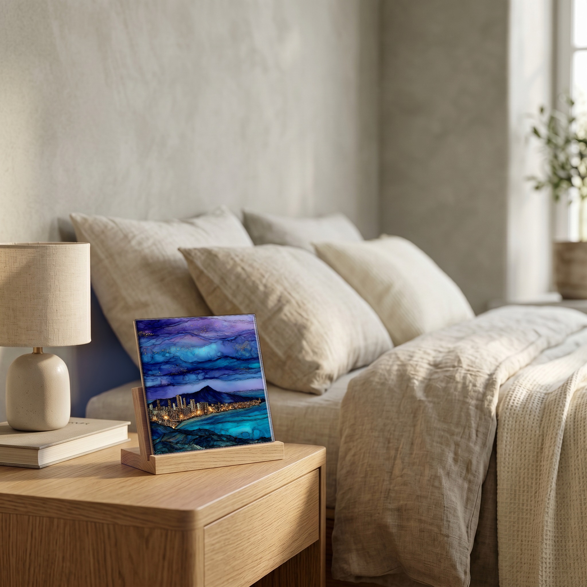 On the nightstand, on a light oak stand.