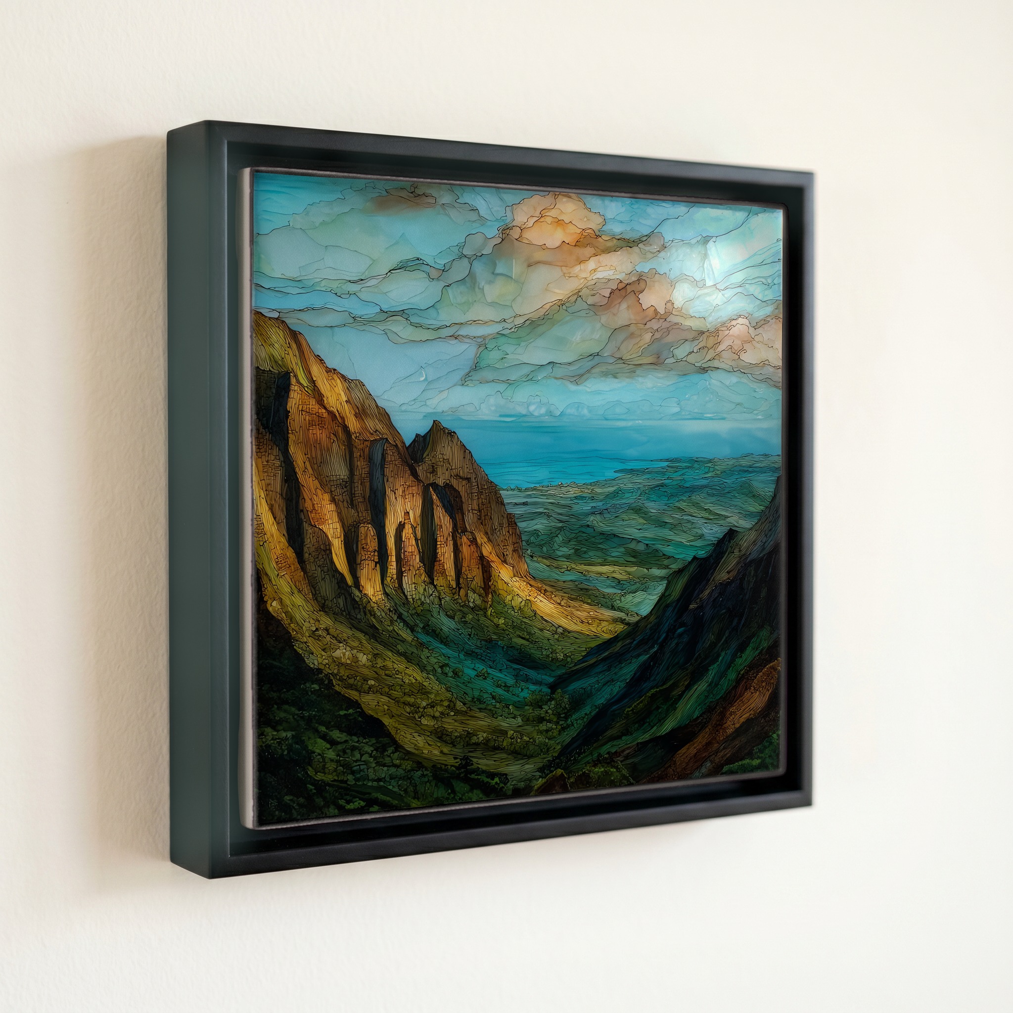 shown in a slim black floating frame · 6 × 6 in
