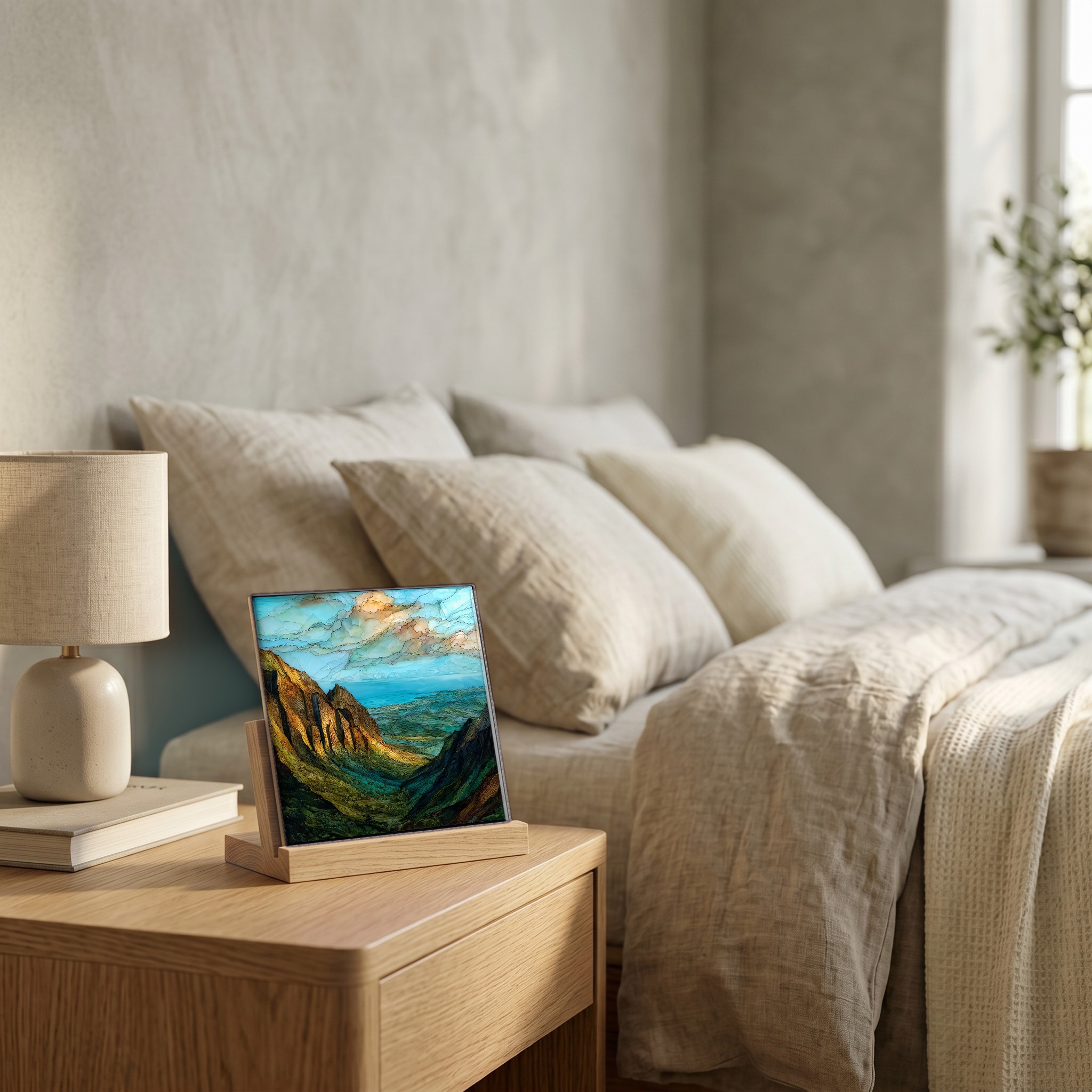 On the nightstand, on a light oak stand.