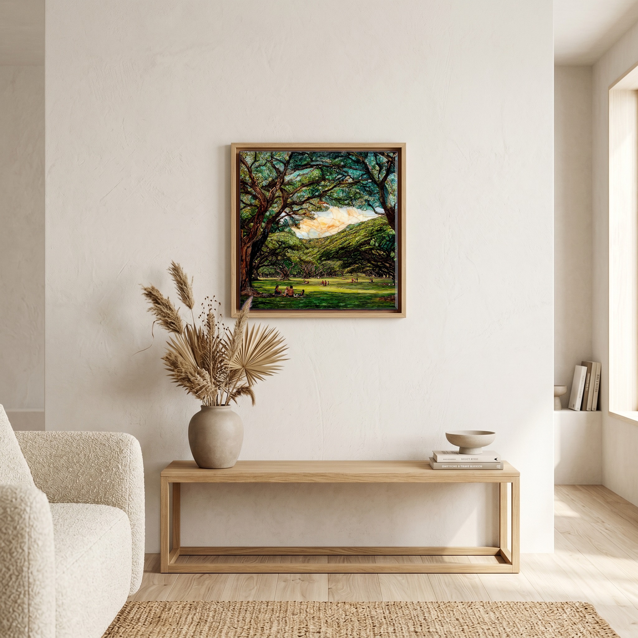 Above the bench, in a warm oak surround.
