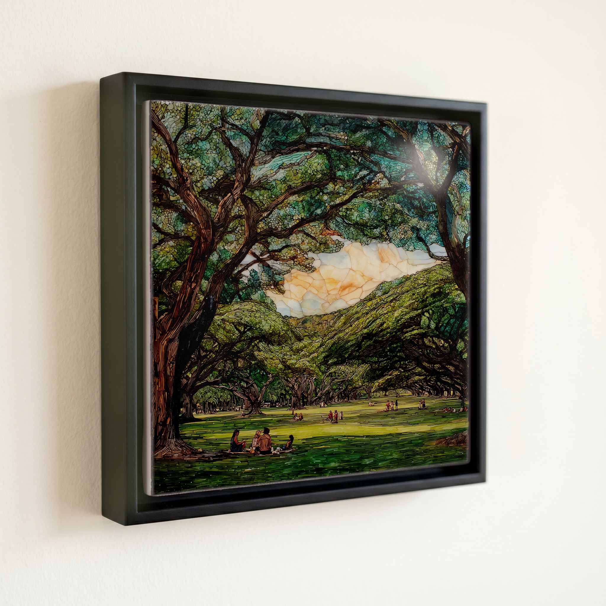 shown in a slim black floating frame · 6 × 6 in