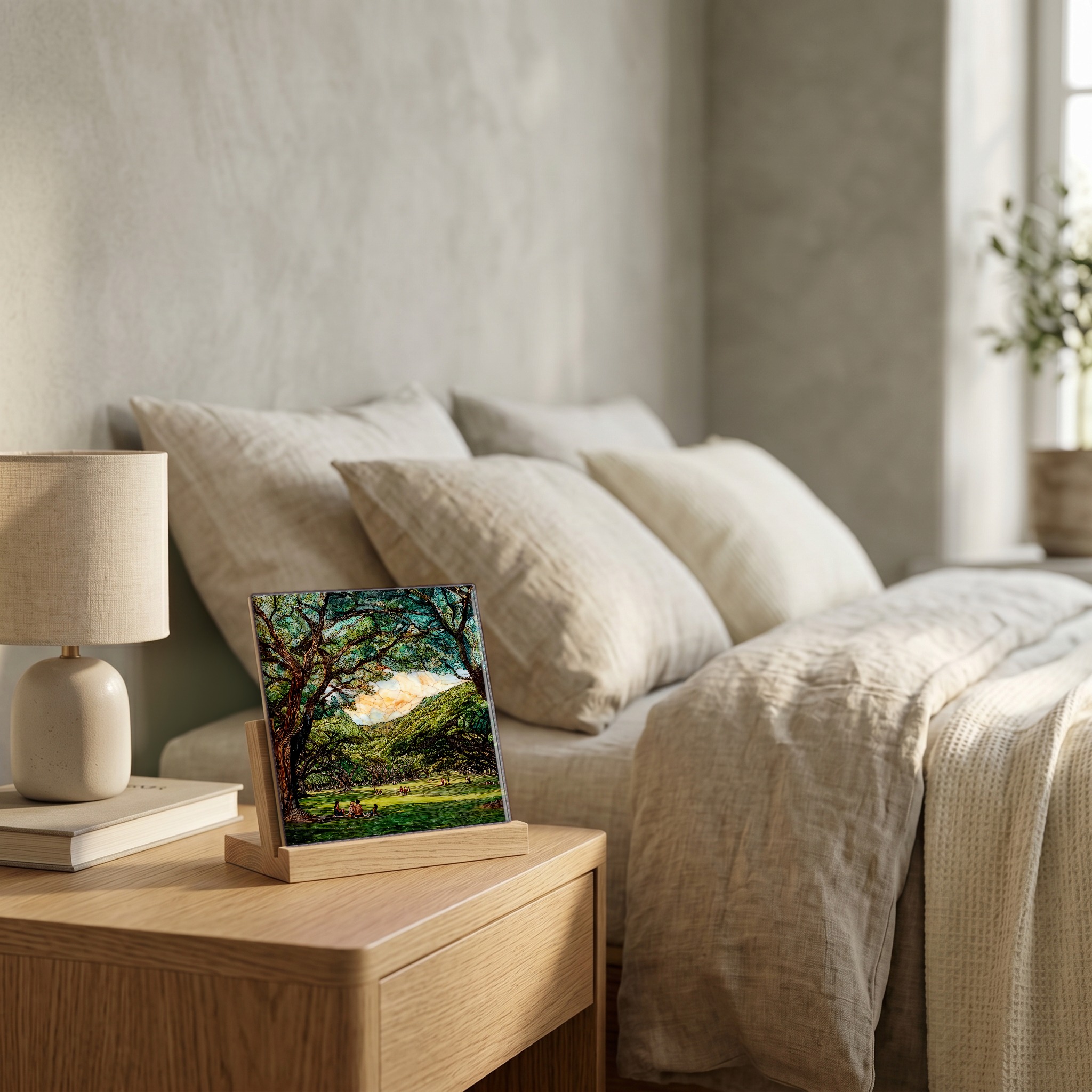On the nightstand, on a light oak stand.