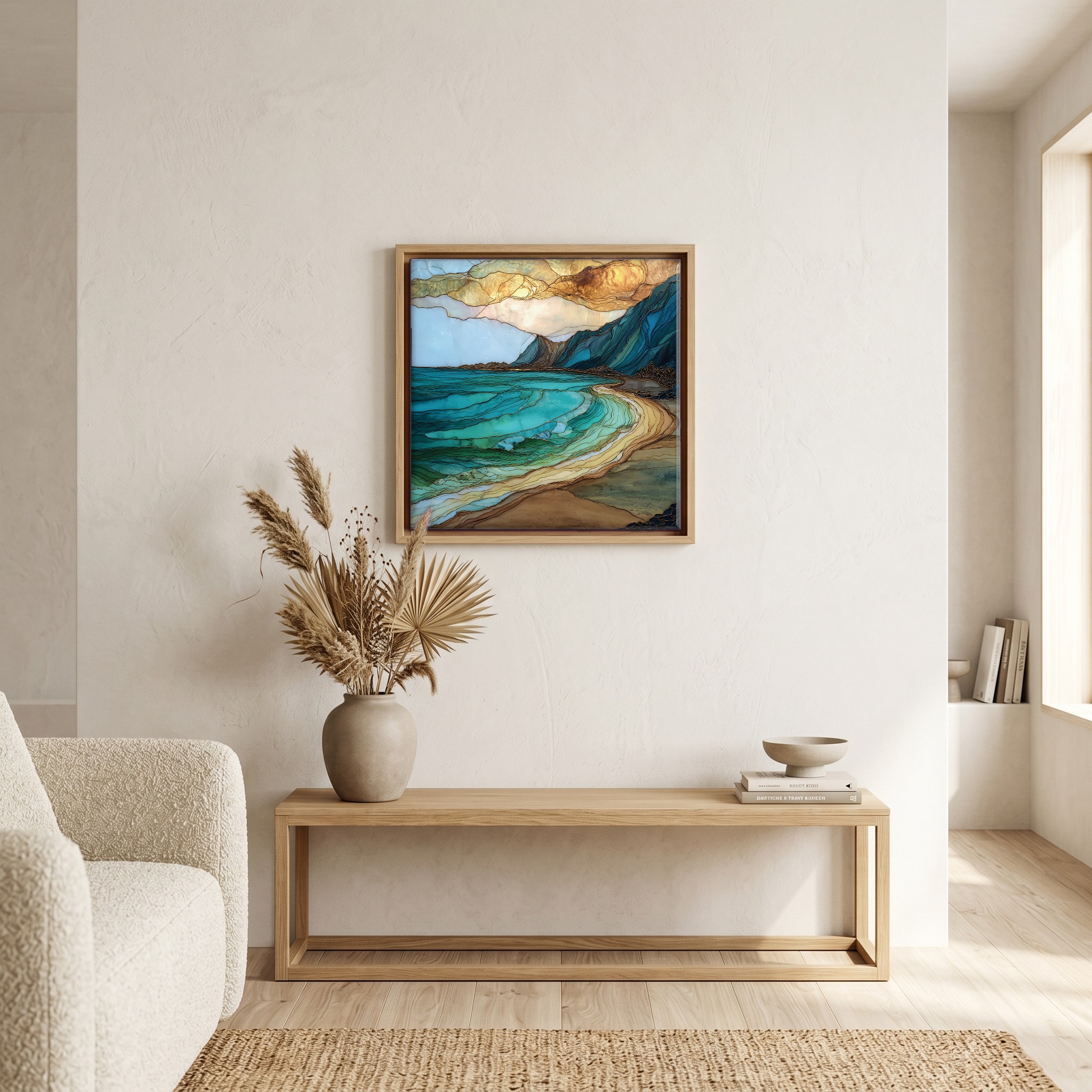 Above the bench, in a warm oak surround.
