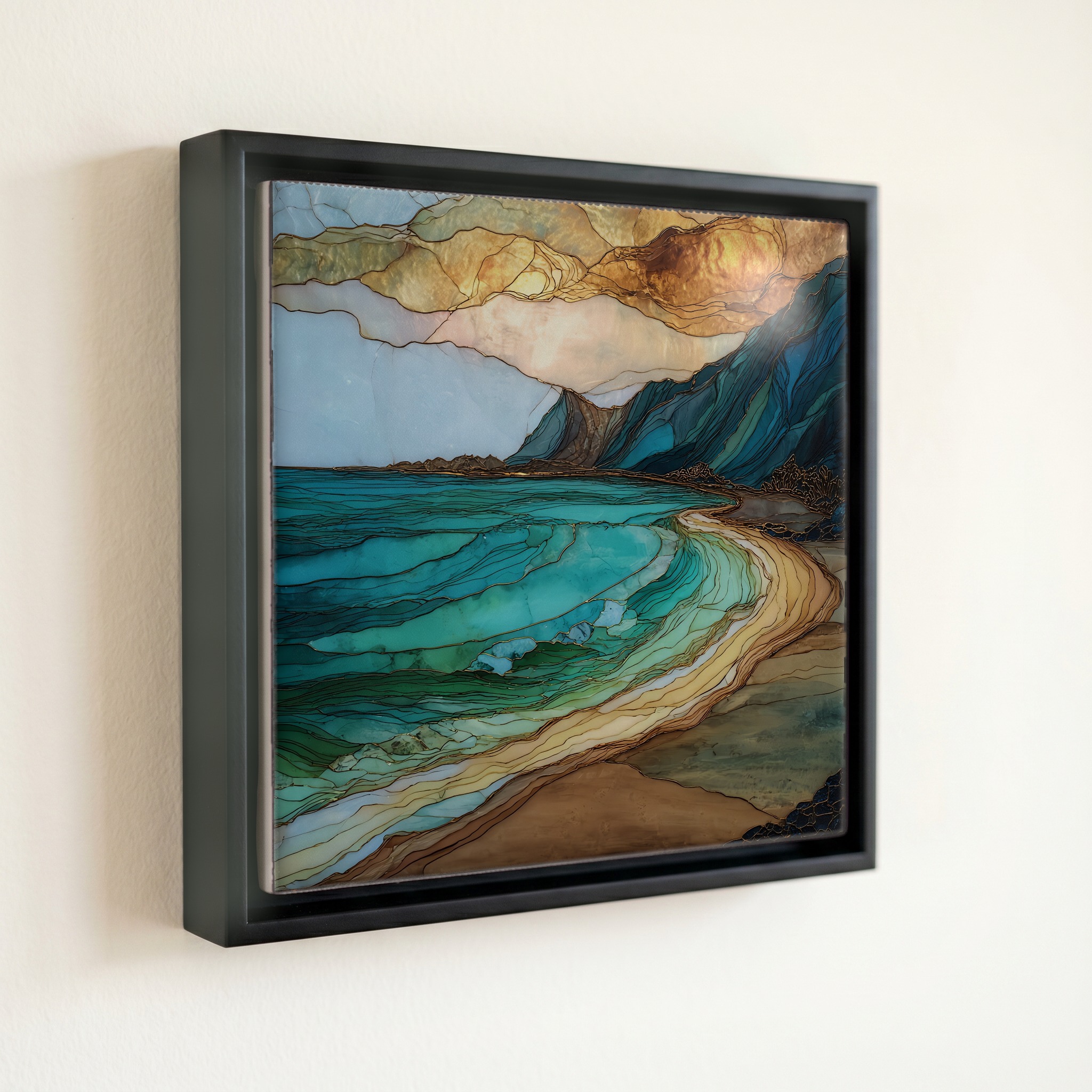 shown in a slim black floating frame · 6 × 6 in