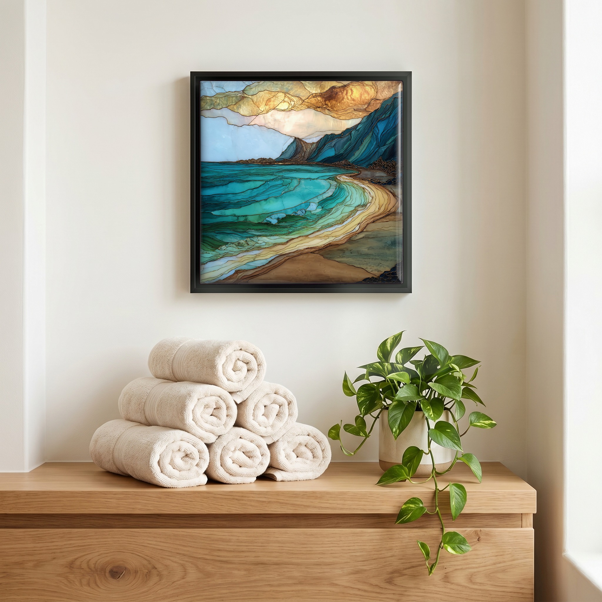 Above the linens, in a slim black surround.