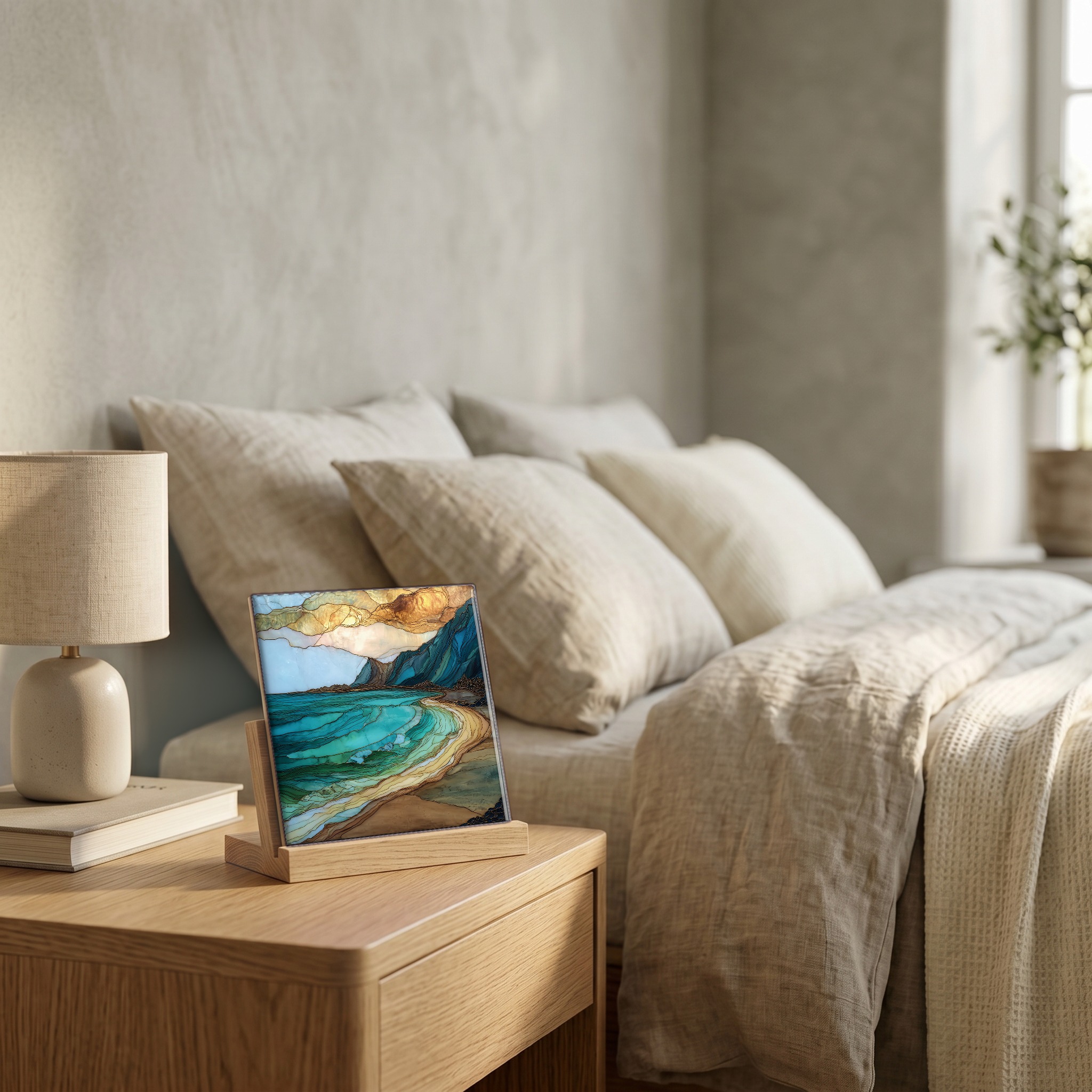 On the nightstand, on a light oak stand.