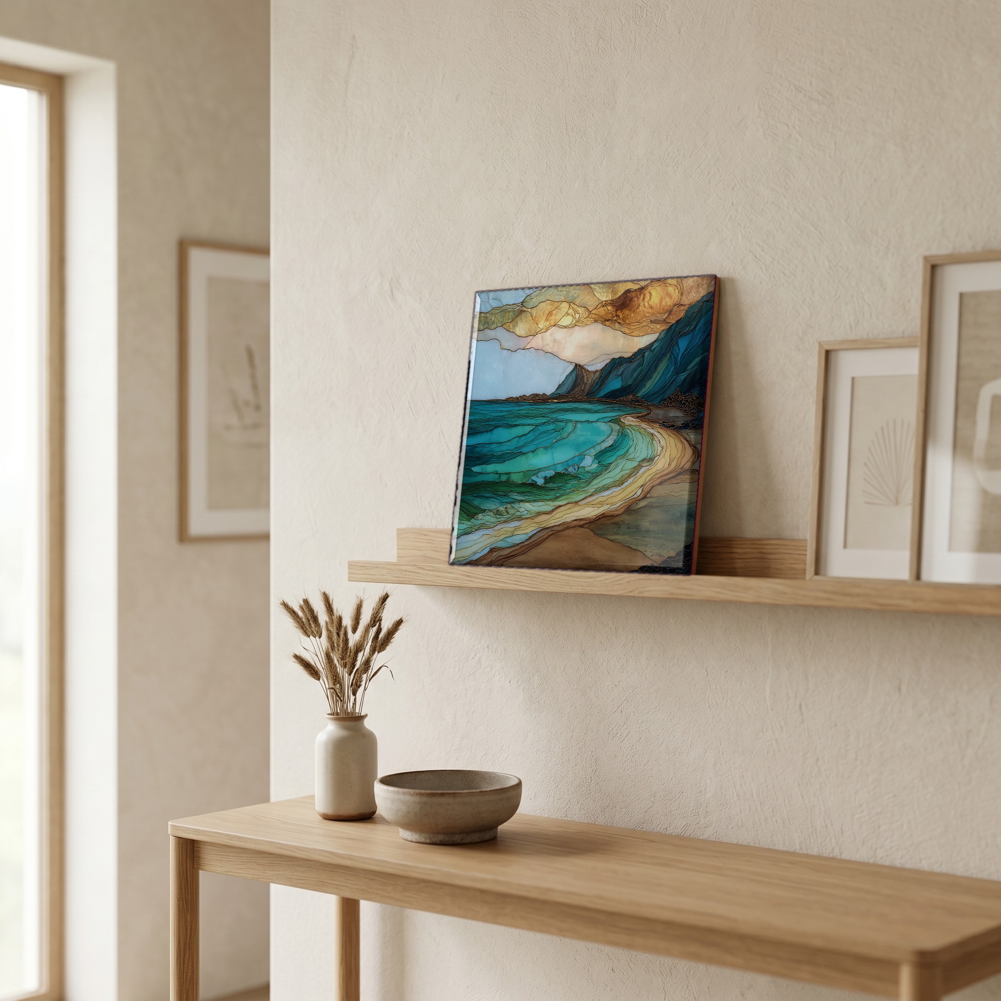 On a picture ledge, where the light comes in.