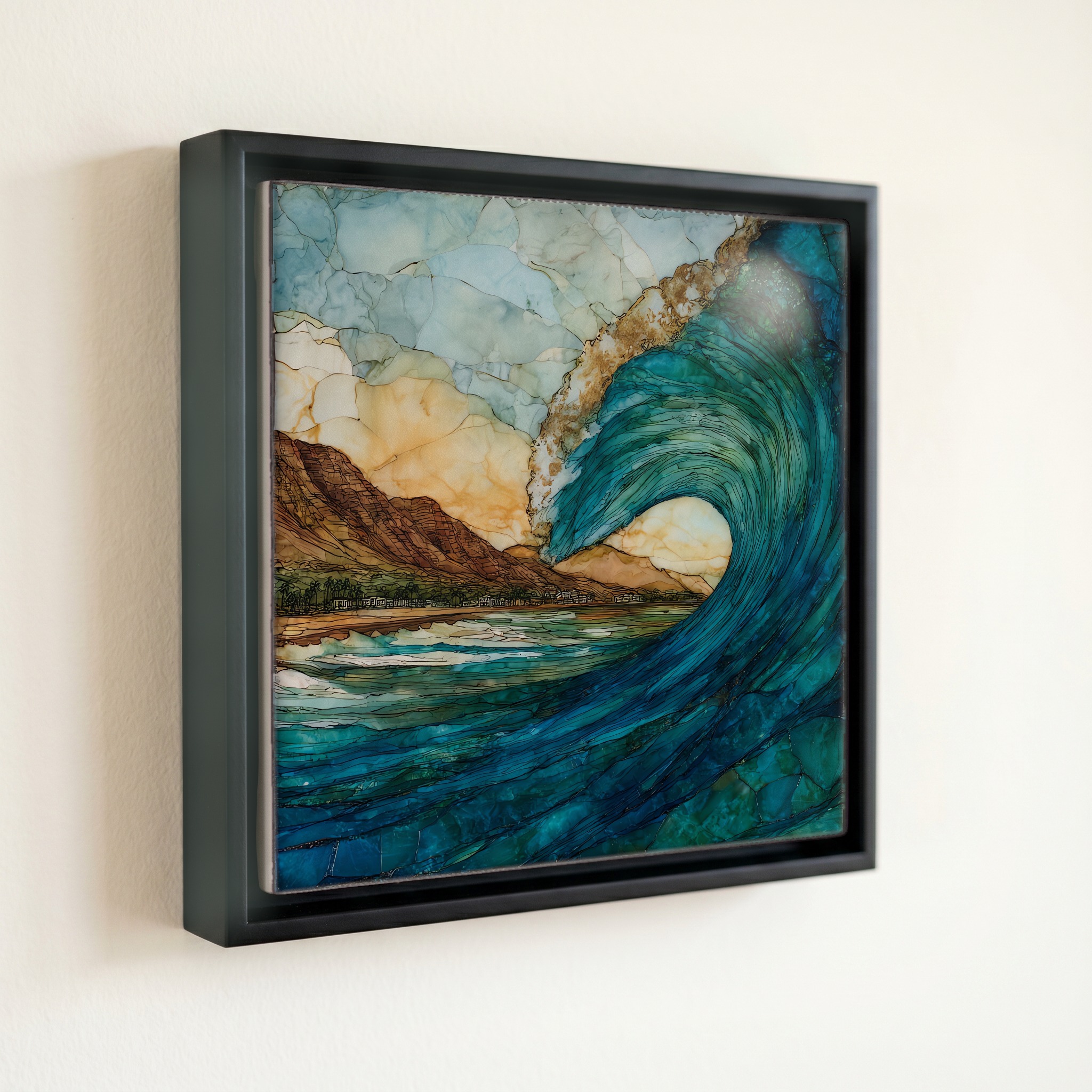 shown in a slim black floating frame · 6 × 6 in