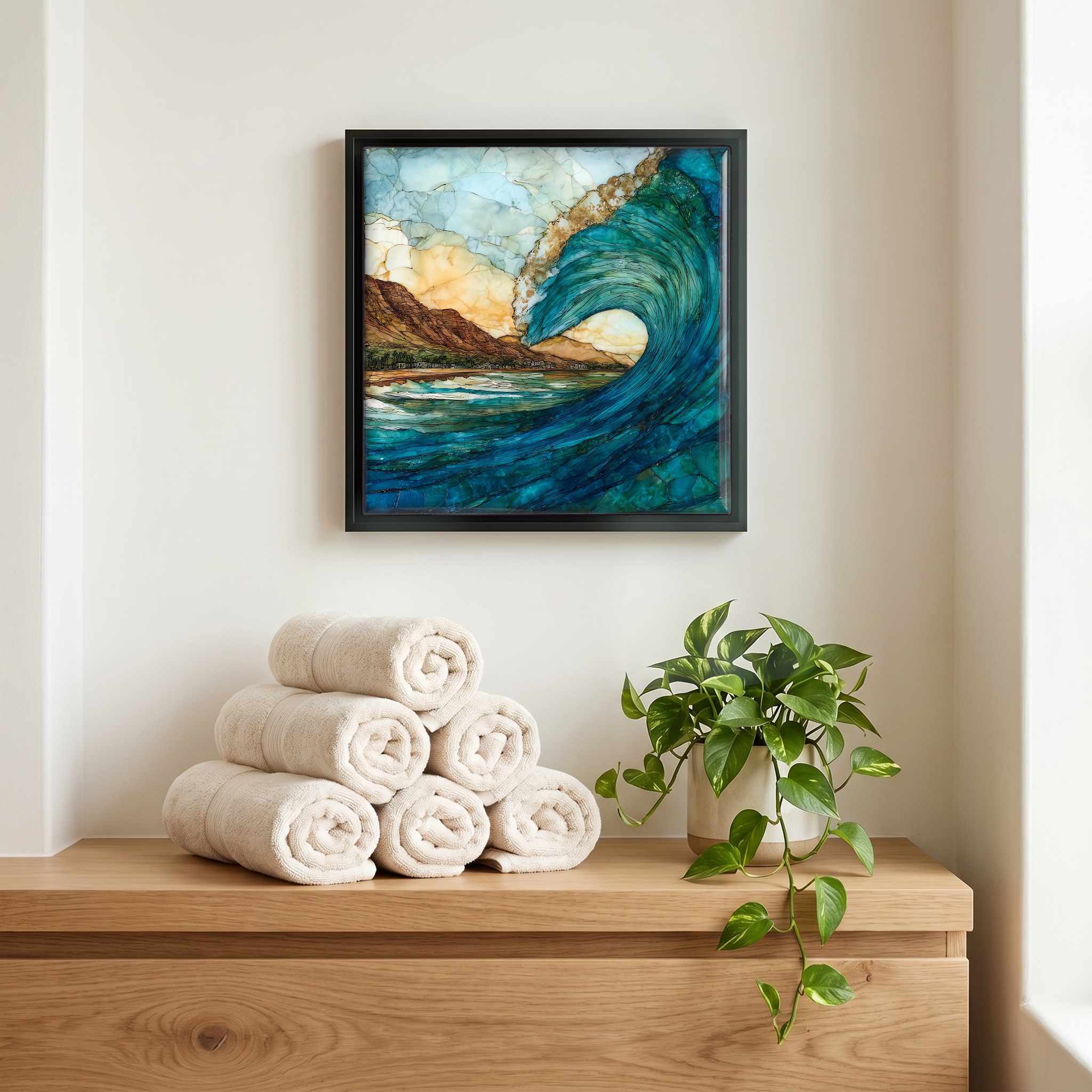 Above the linens, in a slim black surround.