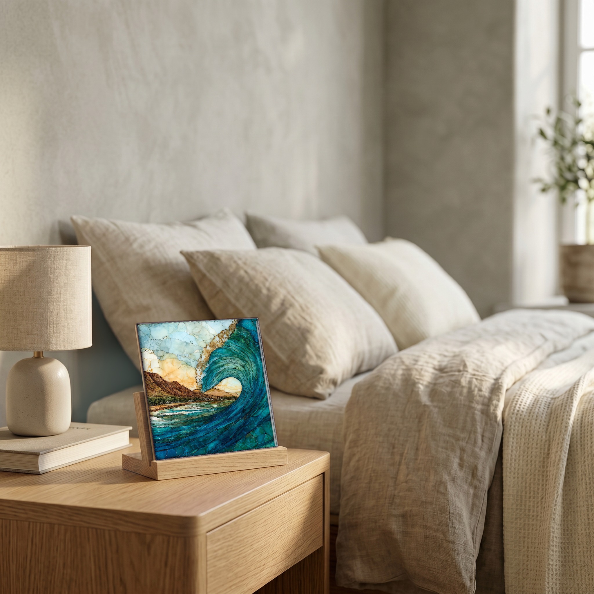On the nightstand, on a light oak stand.