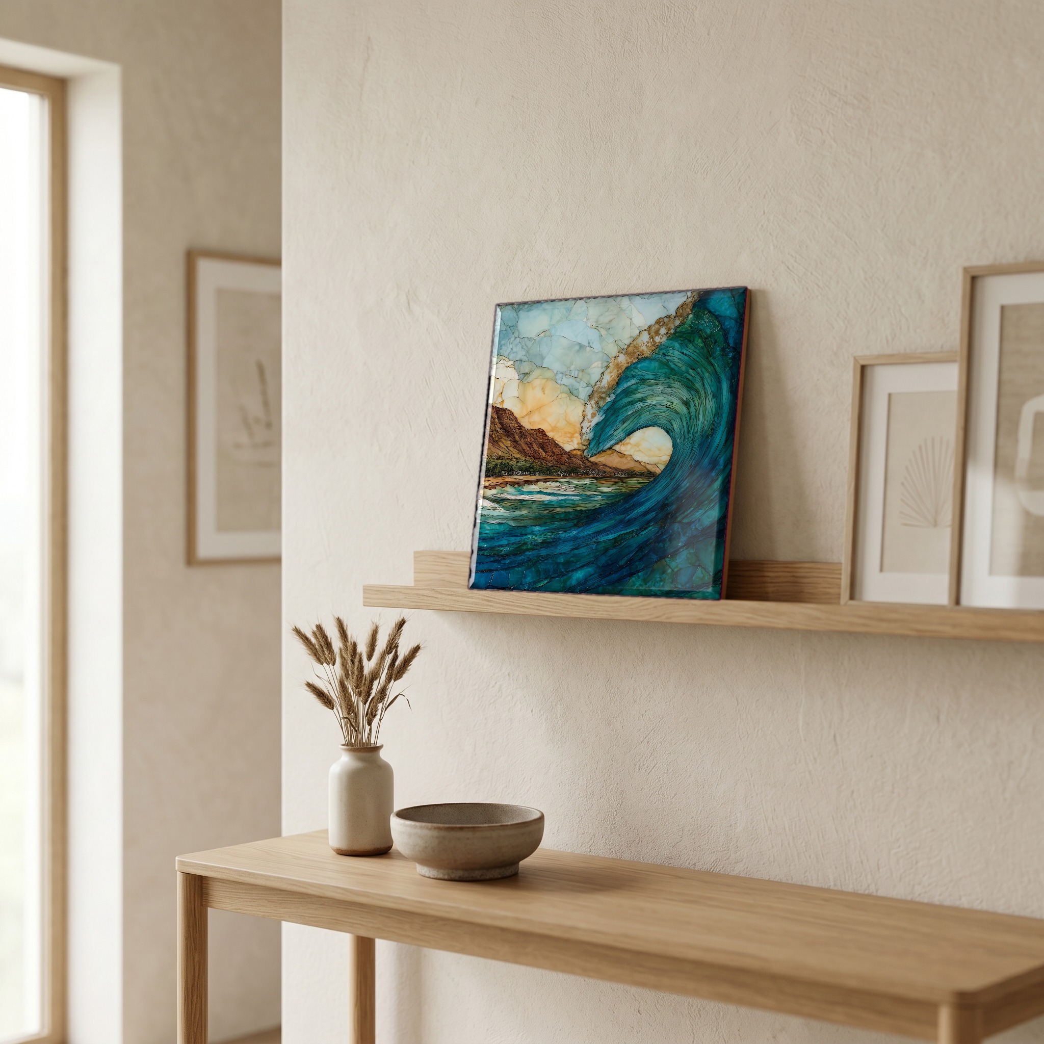 On a picture ledge, where the light comes in.