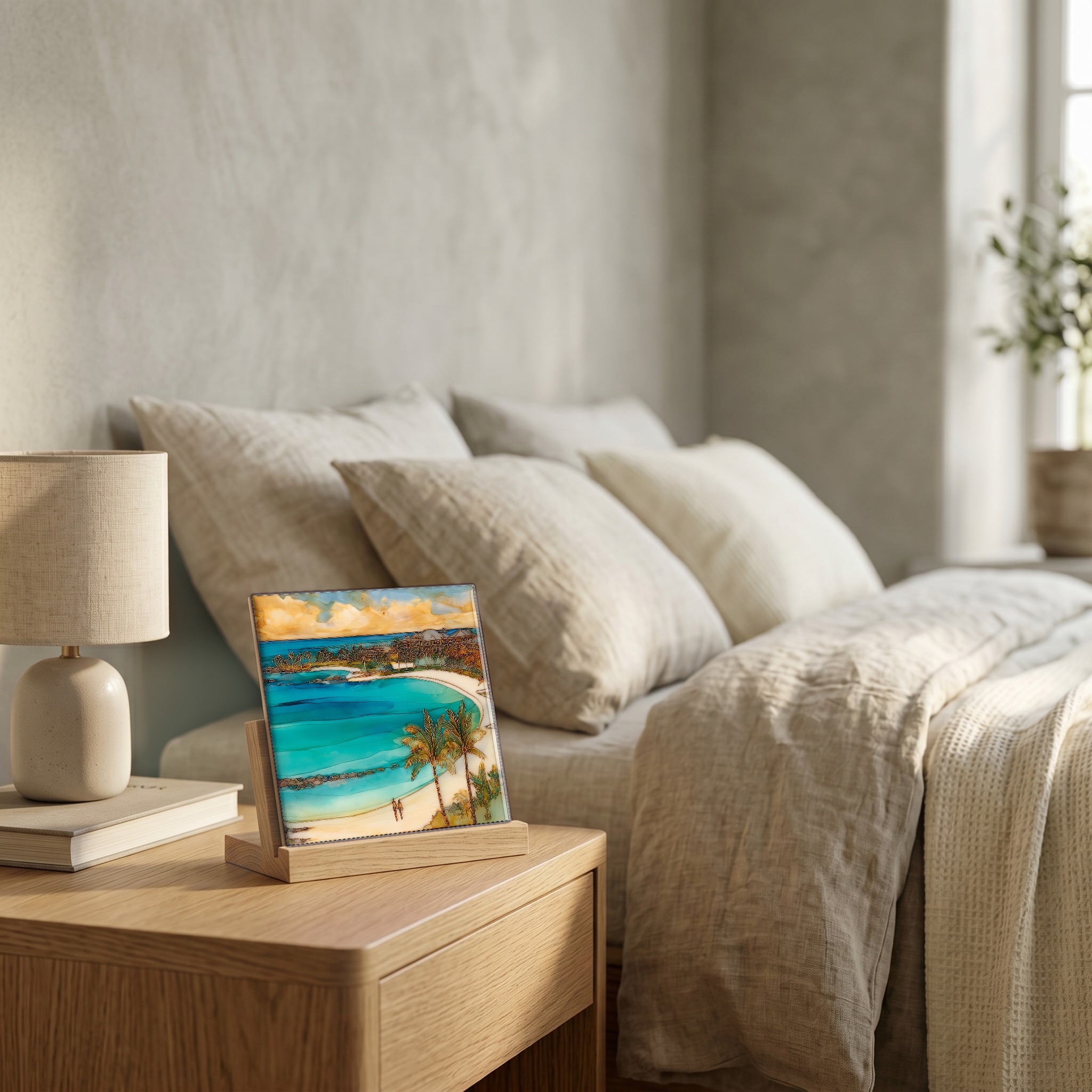 On the nightstand, on a light oak stand.