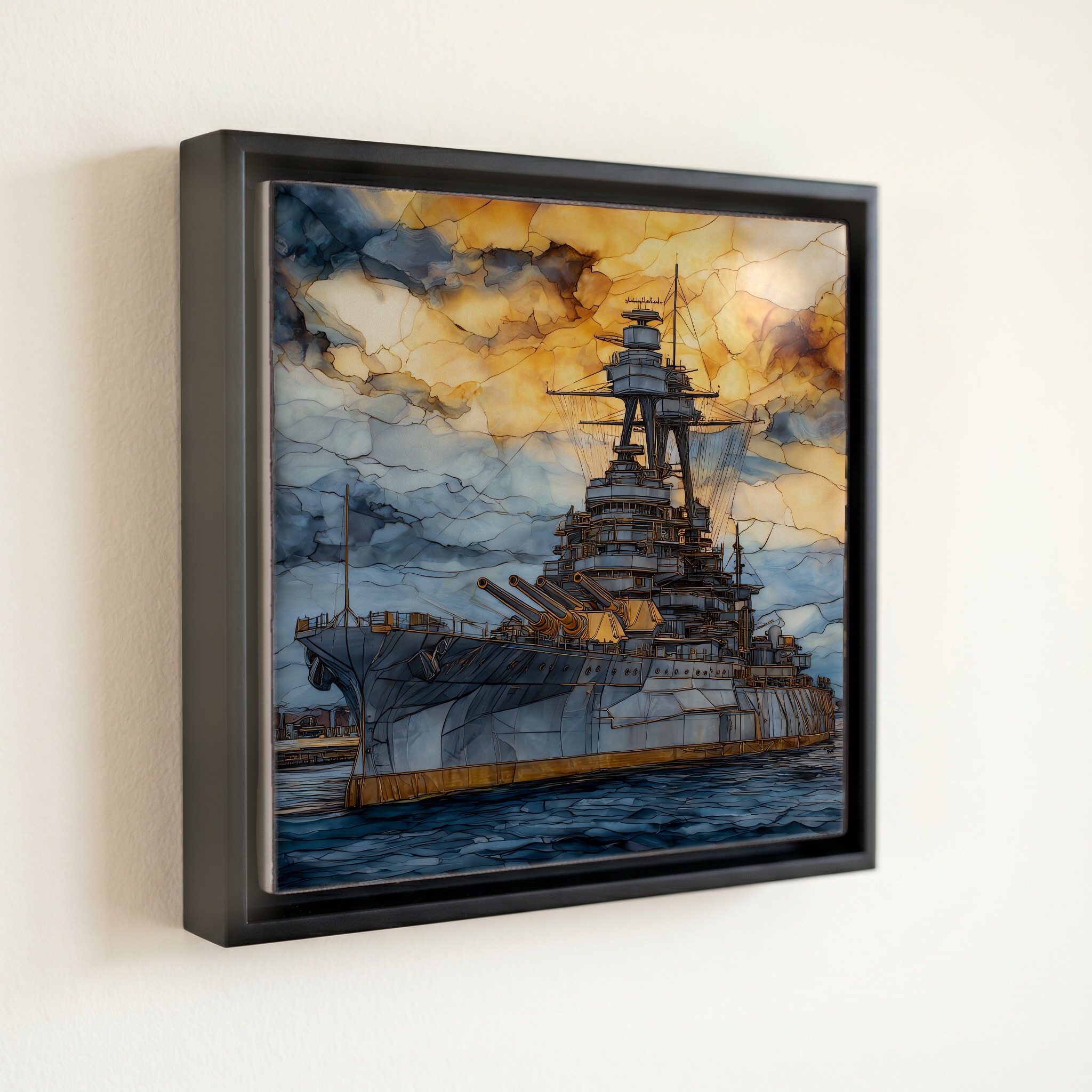 shown in a slim black floating frame · 6 × 6 in