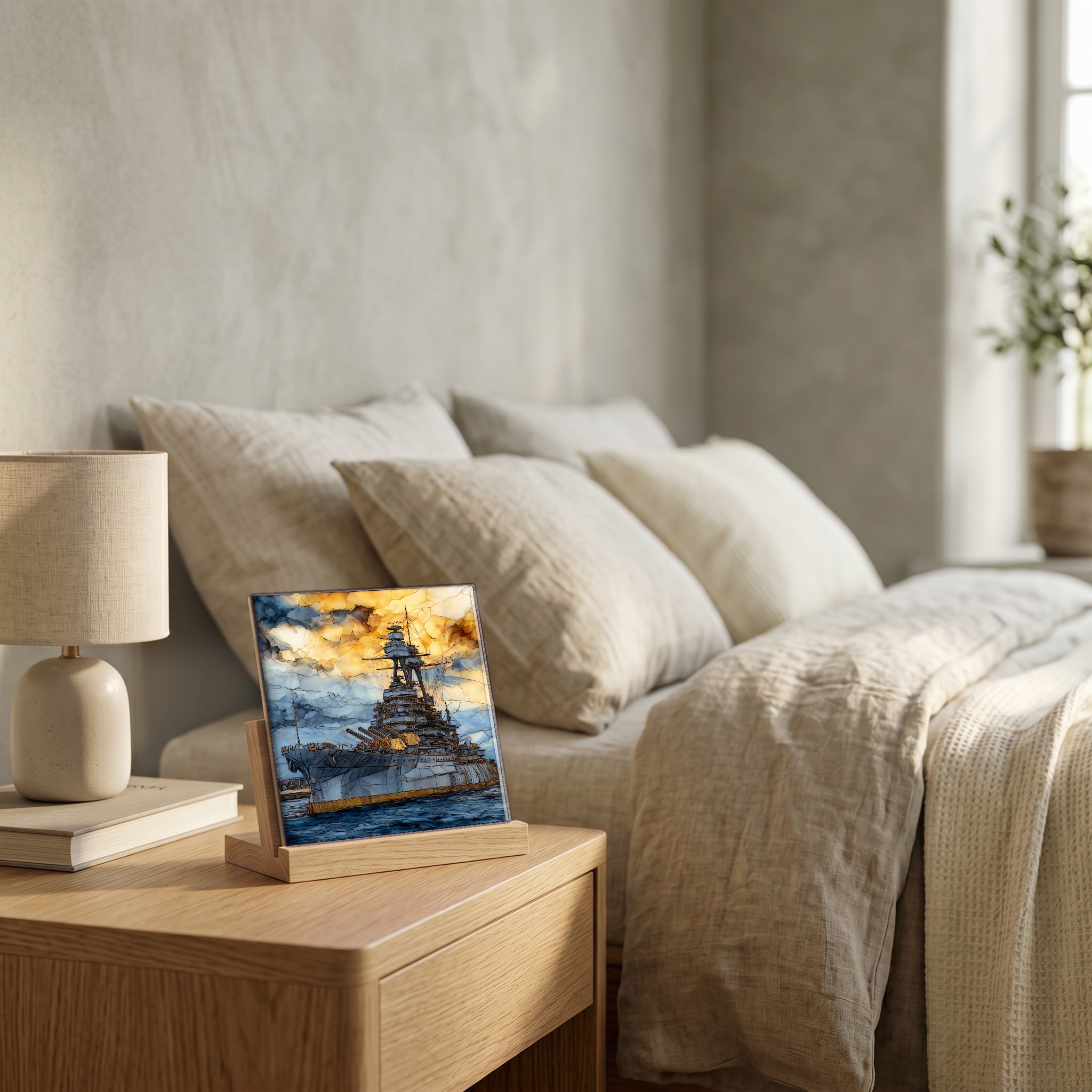 On the nightstand, on a light oak stand.