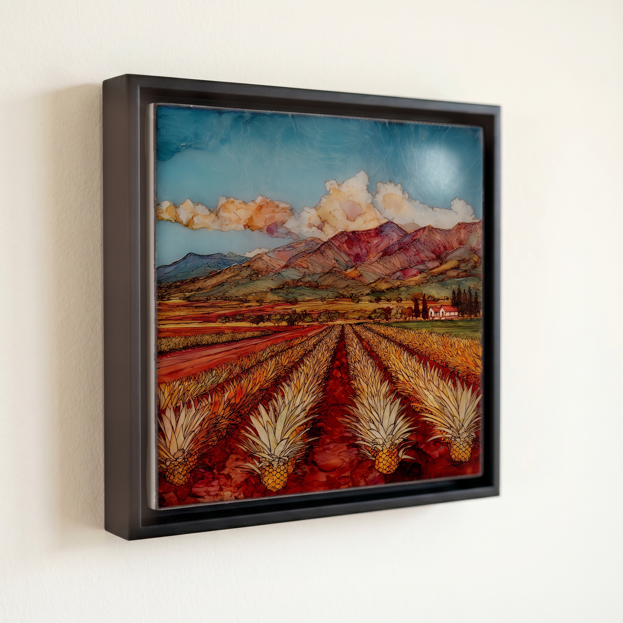 shown in a slim black floating frame · 6 × 6 in