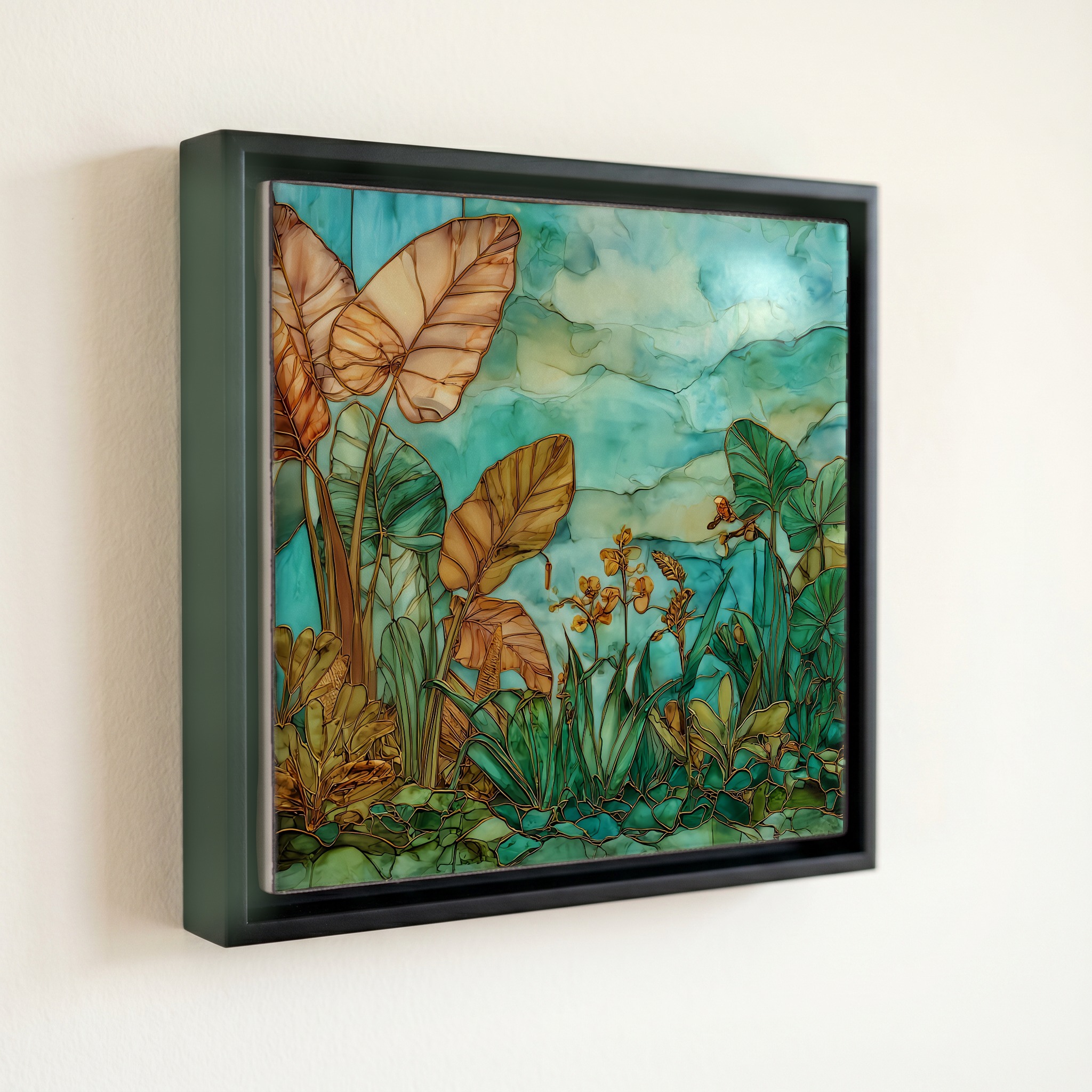 shown in a slim black floating frame · 6 × 6 in