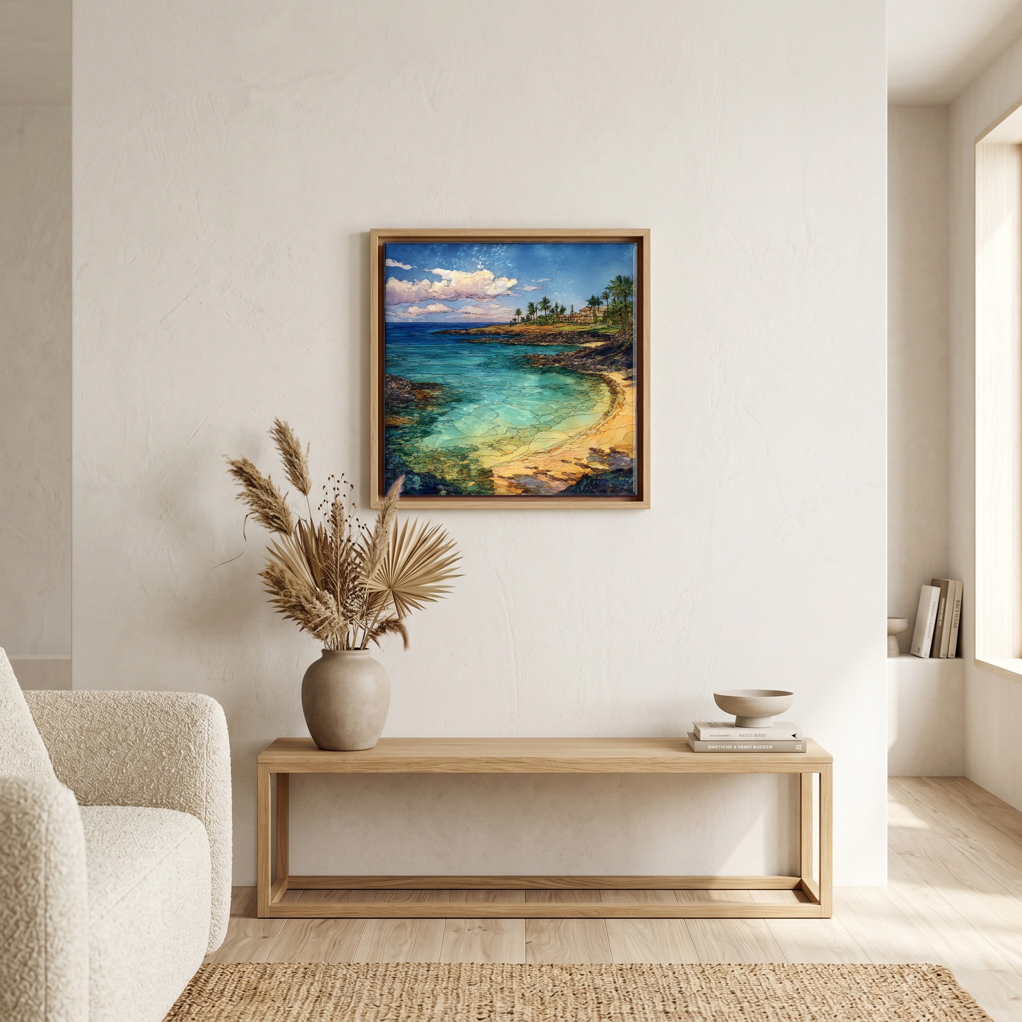 Above the bench, in a warm oak surround.