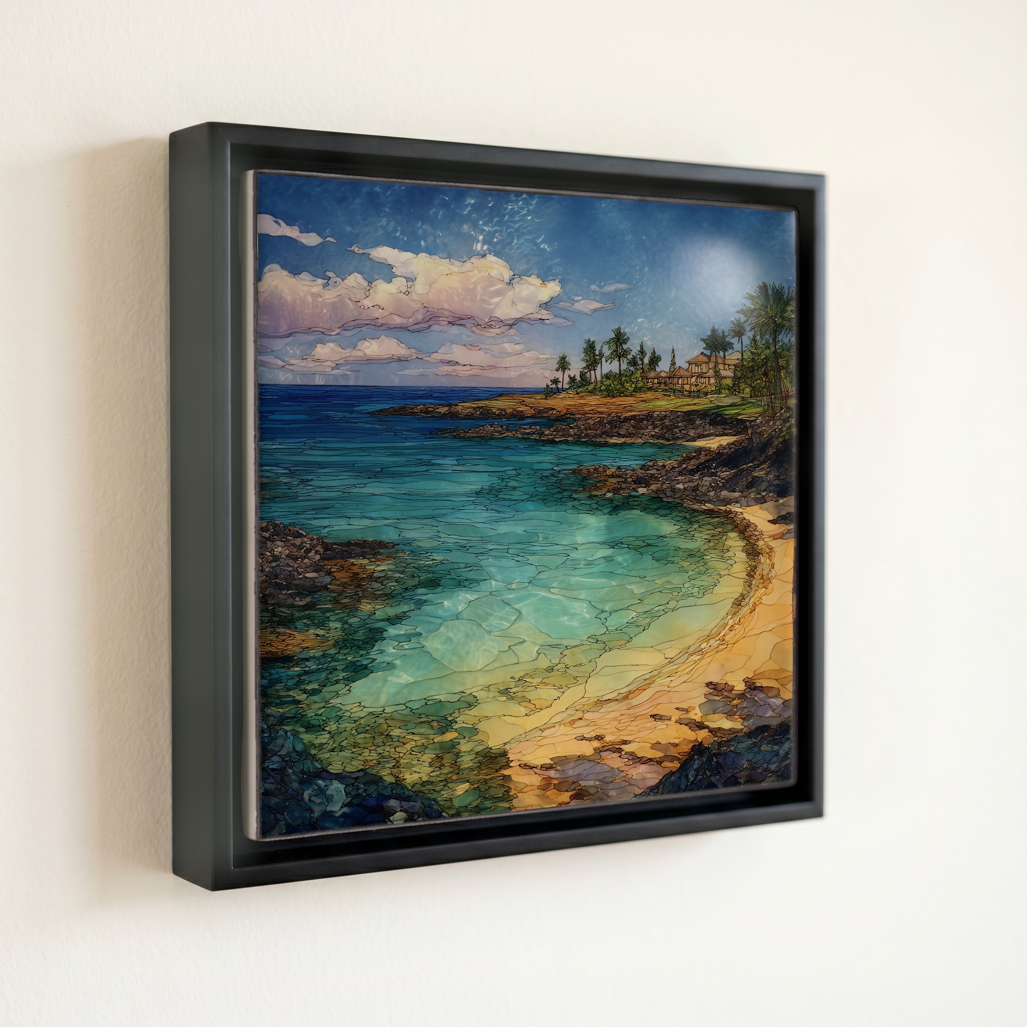 shown in a slim black floating frame · 6 × 6 in