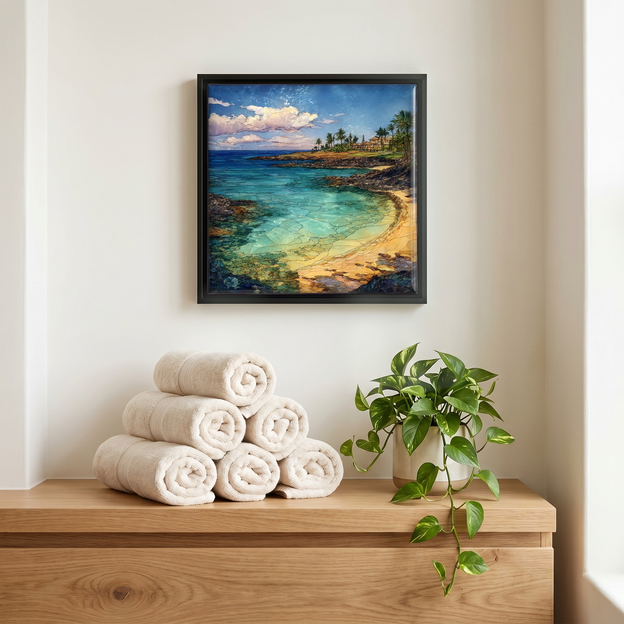 Above the linens, in a slim black surround.