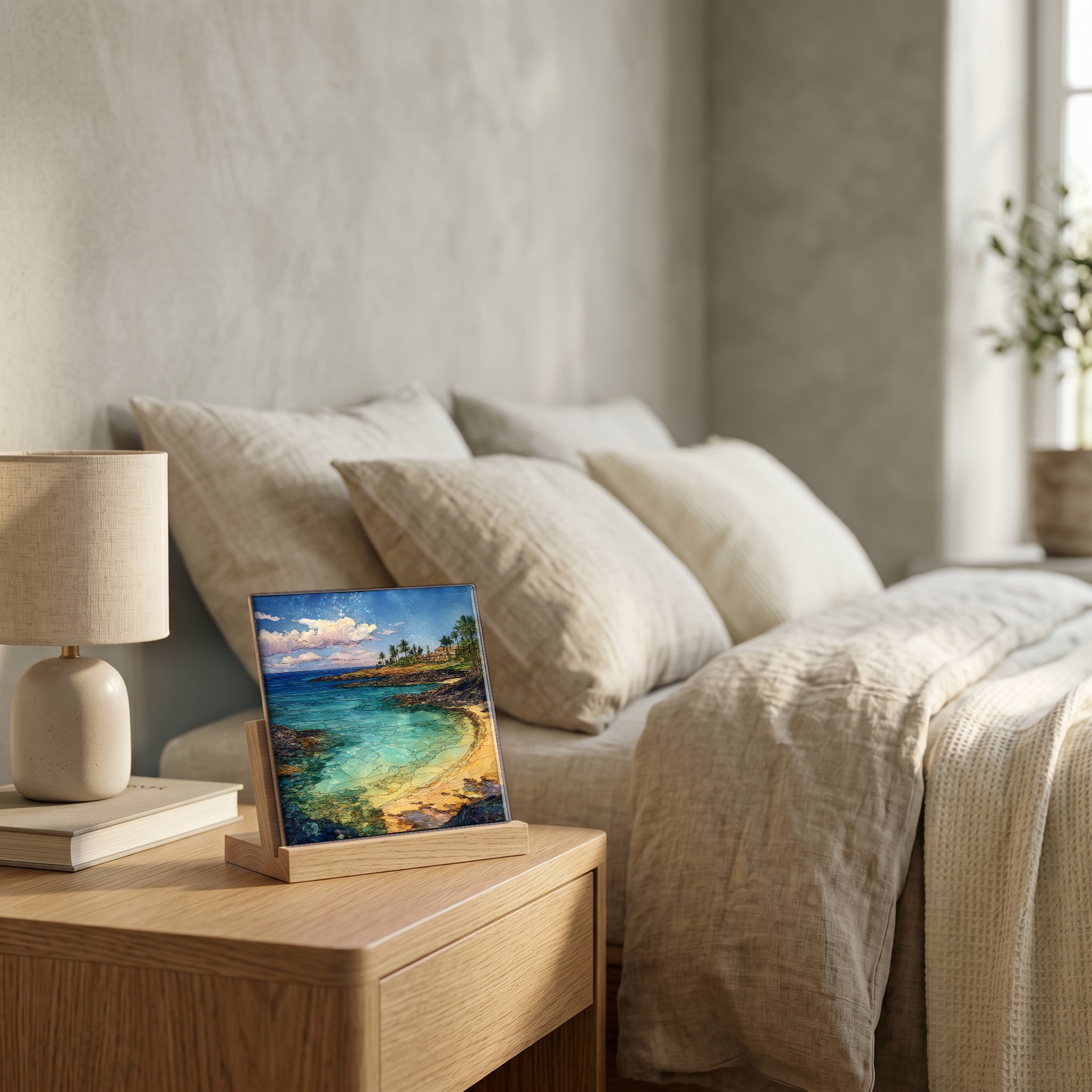 On the nightstand, on a light oak stand.