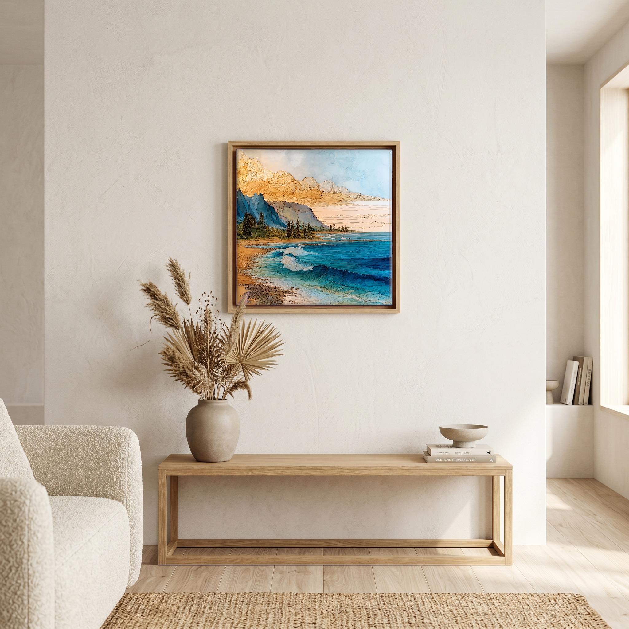 Above the bench, in a warm oak surround.