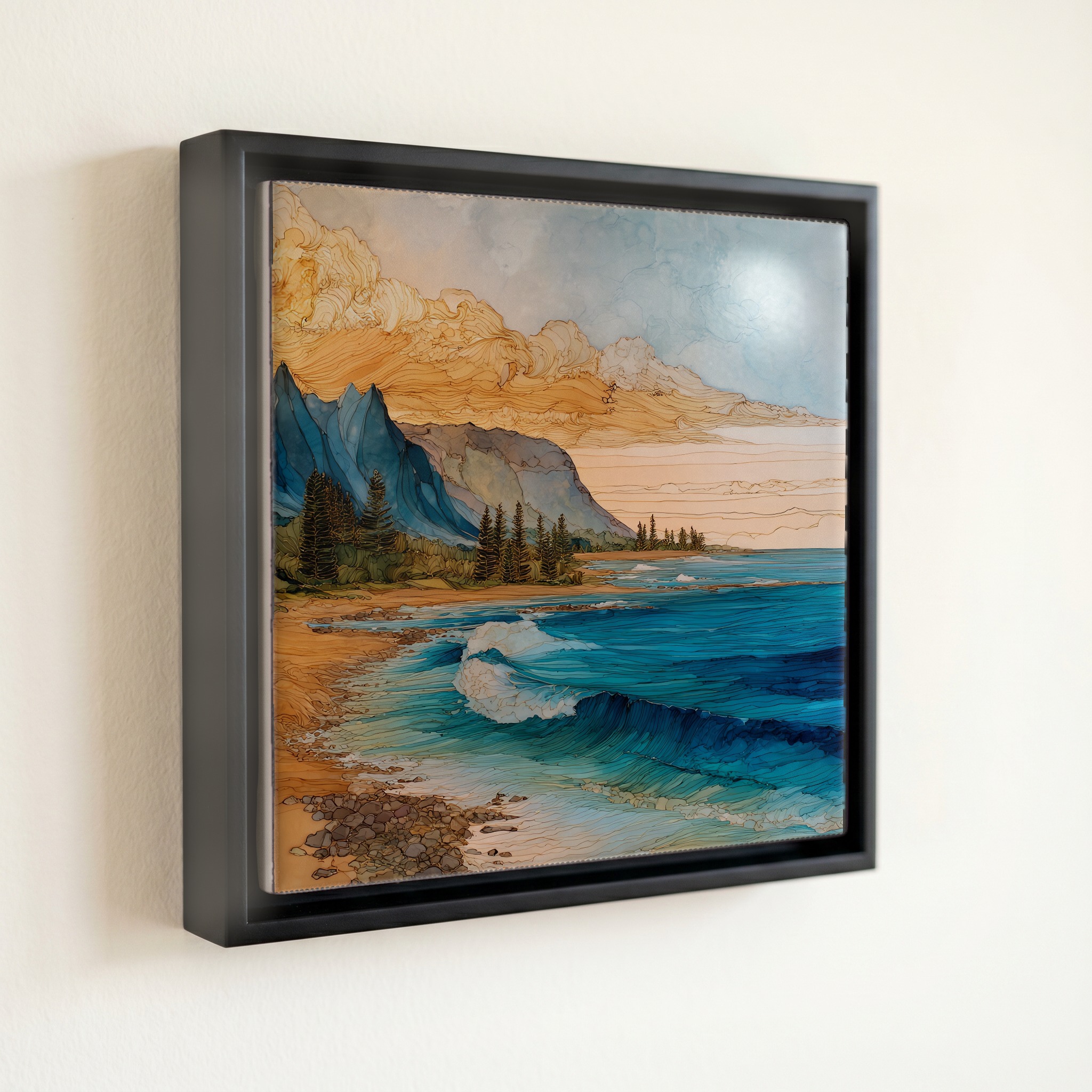 shown in a slim black floating frame · 6 × 6 in