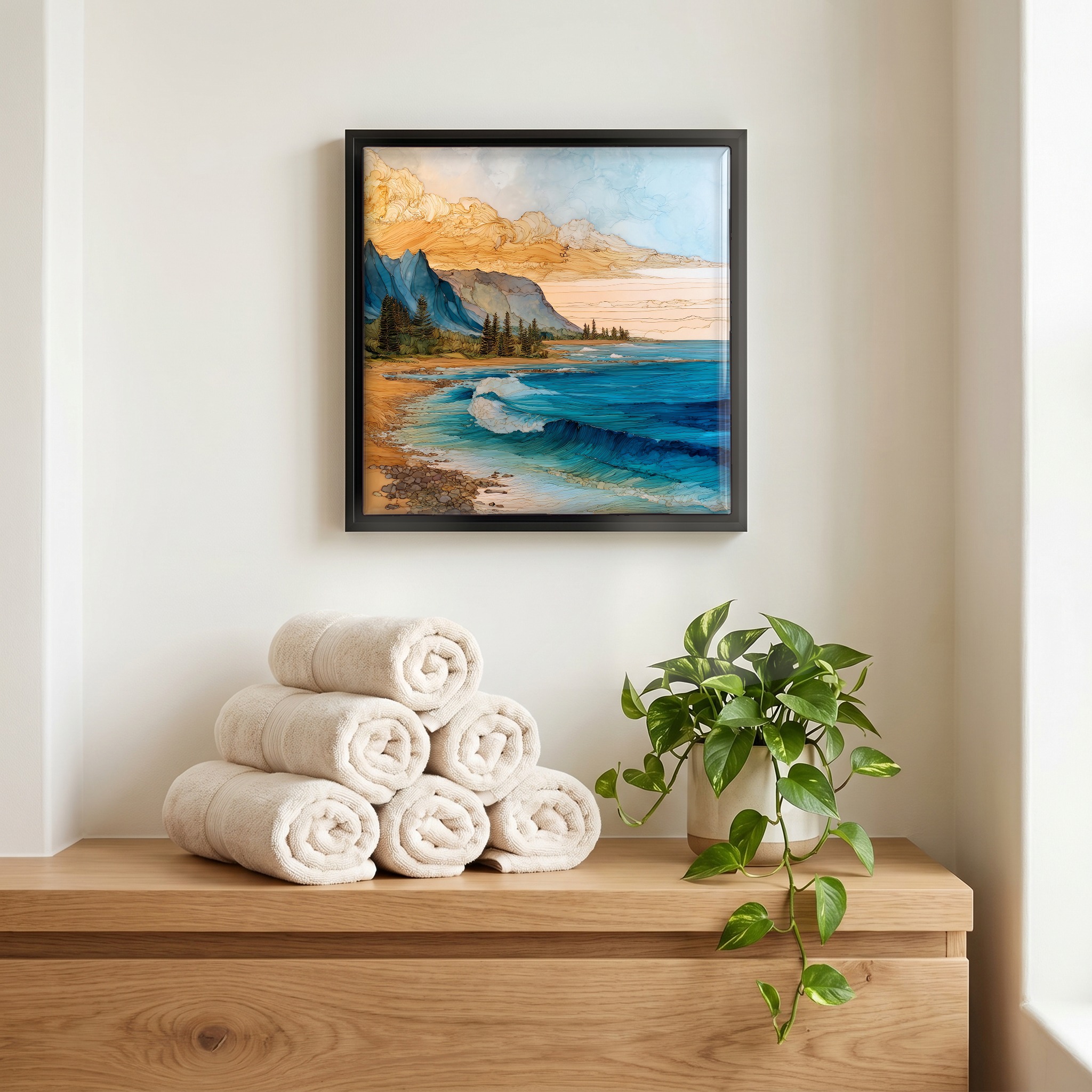 Above the linens, in a slim black surround.