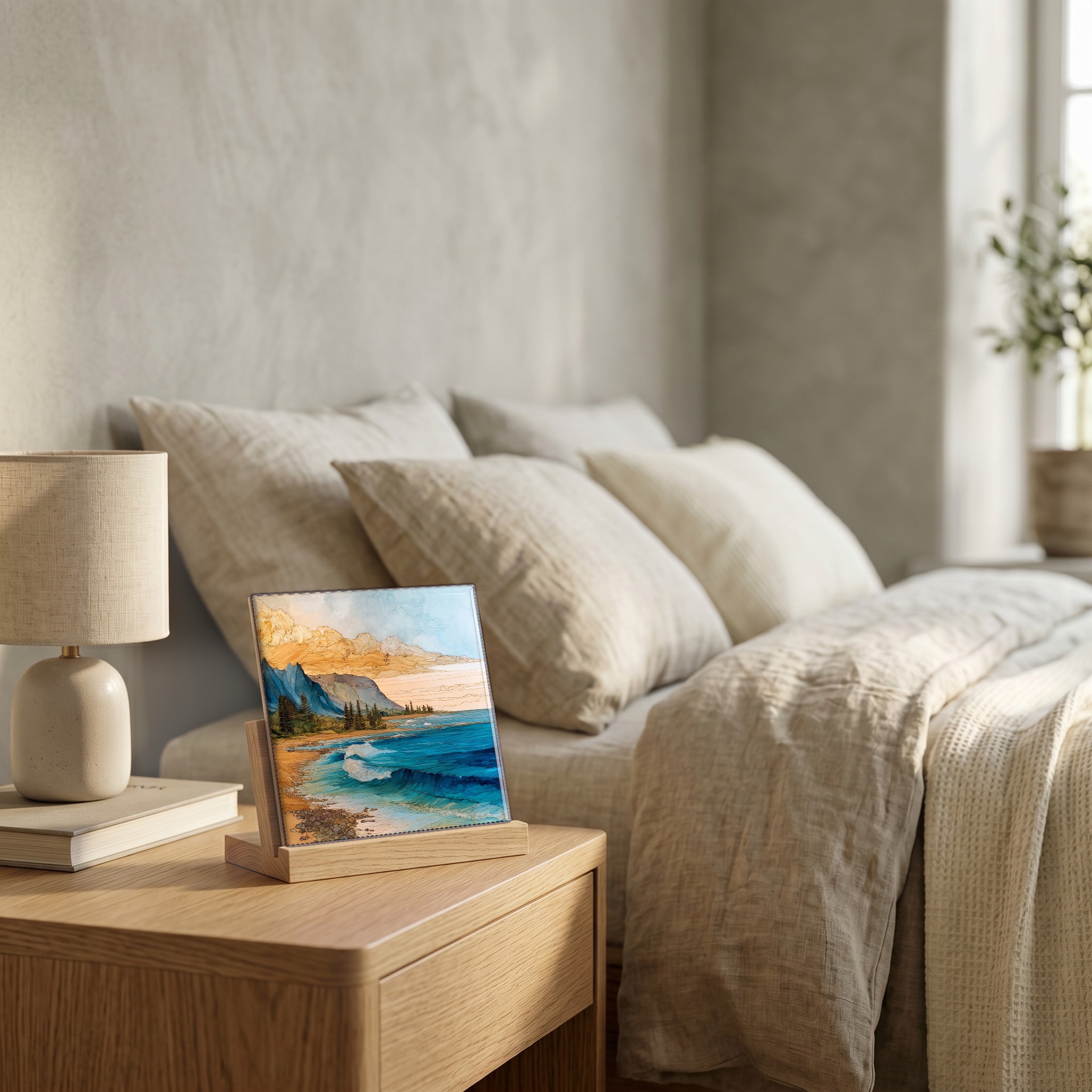 On the nightstand, on a light oak stand.
