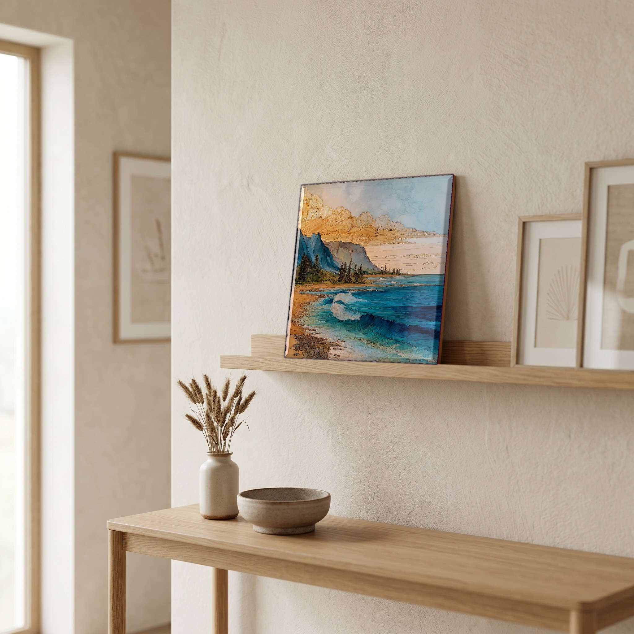 On a picture ledge, where the light comes in.