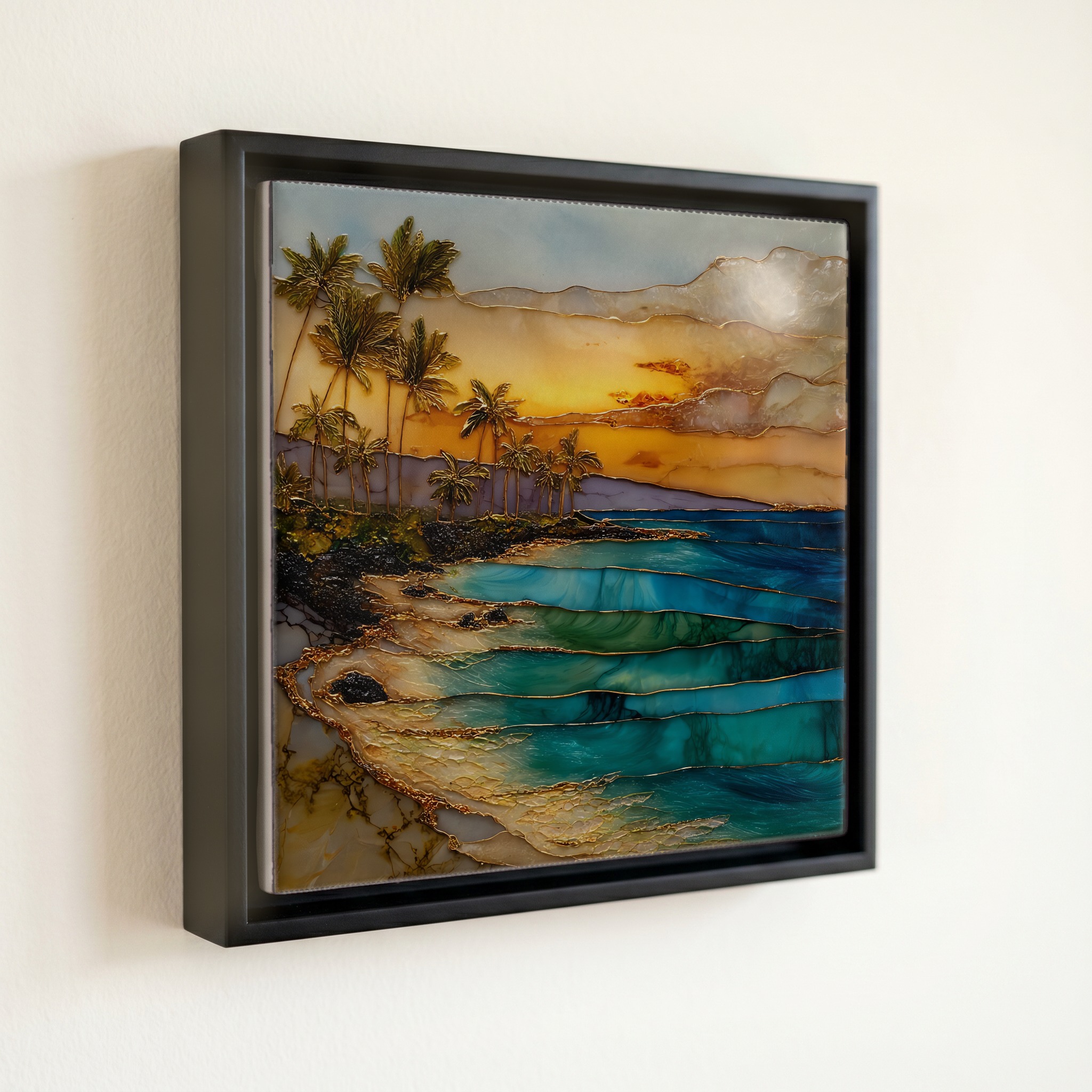 shown in a slim black floating frame · 6 × 6 in