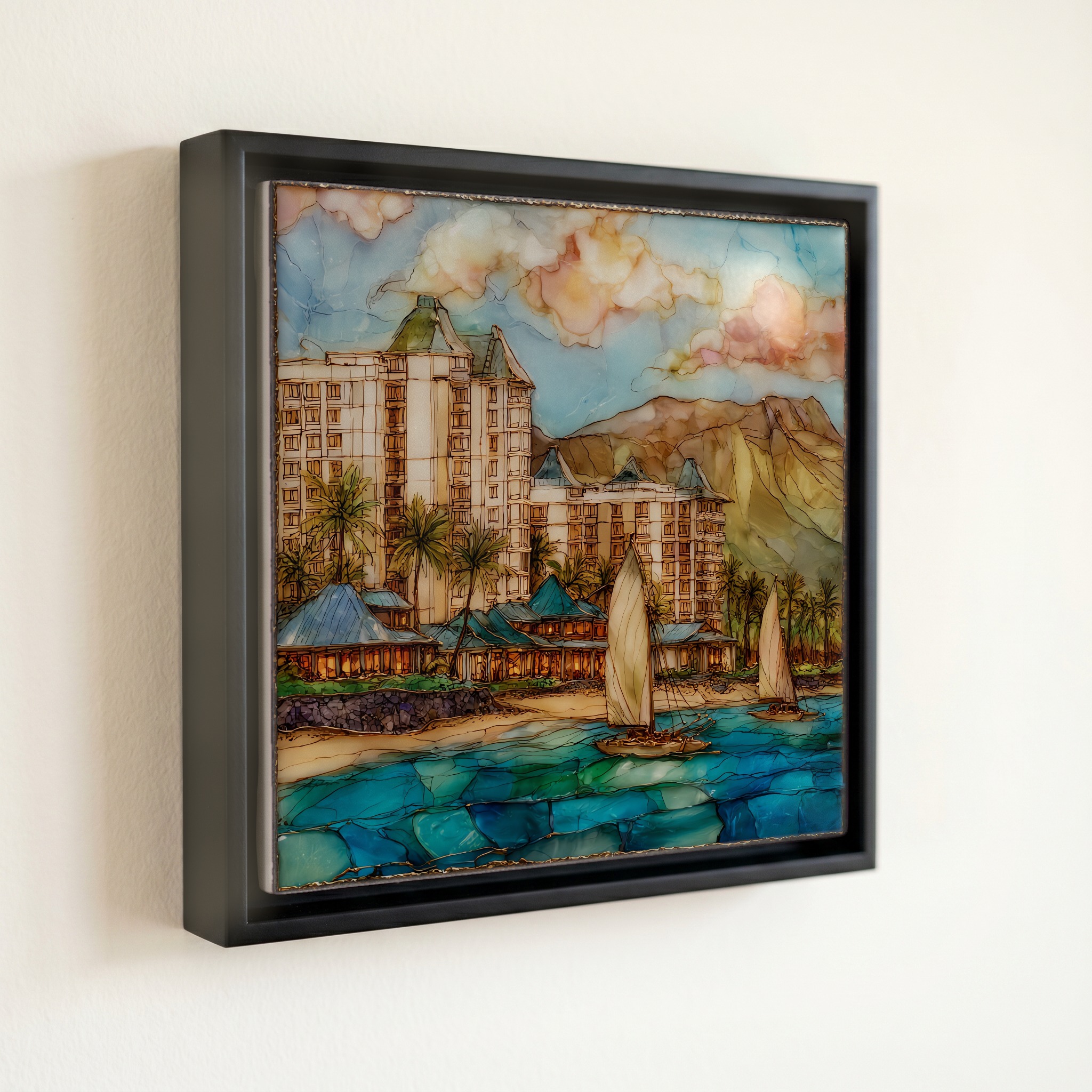 shown in a slim black floating frame · 6 × 6 in