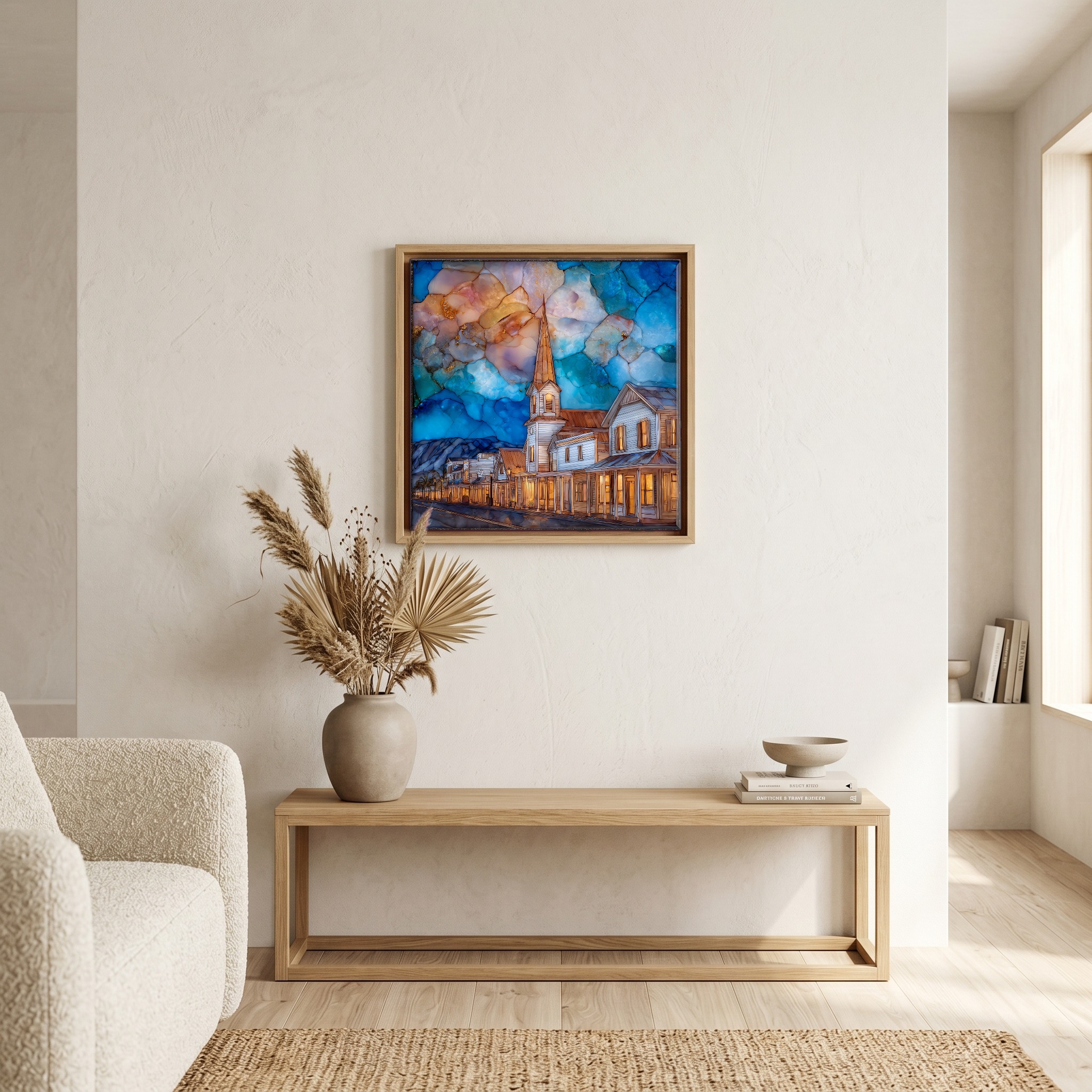 Above the bench, in a warm oak surround.