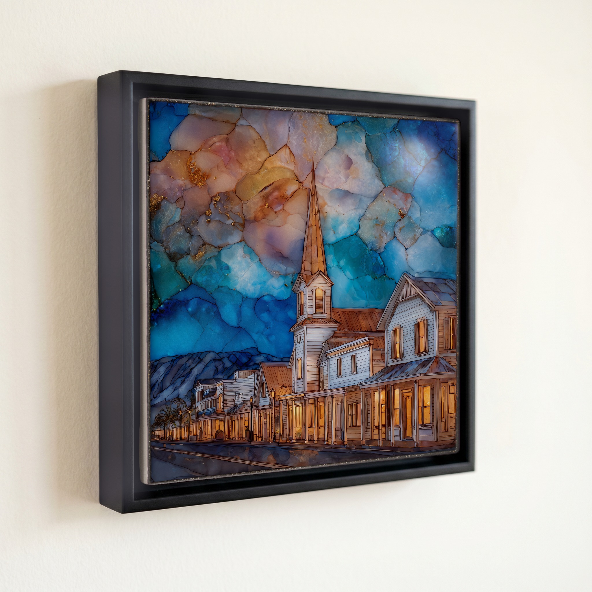 shown in a slim black floating frame · 6 × 6 in