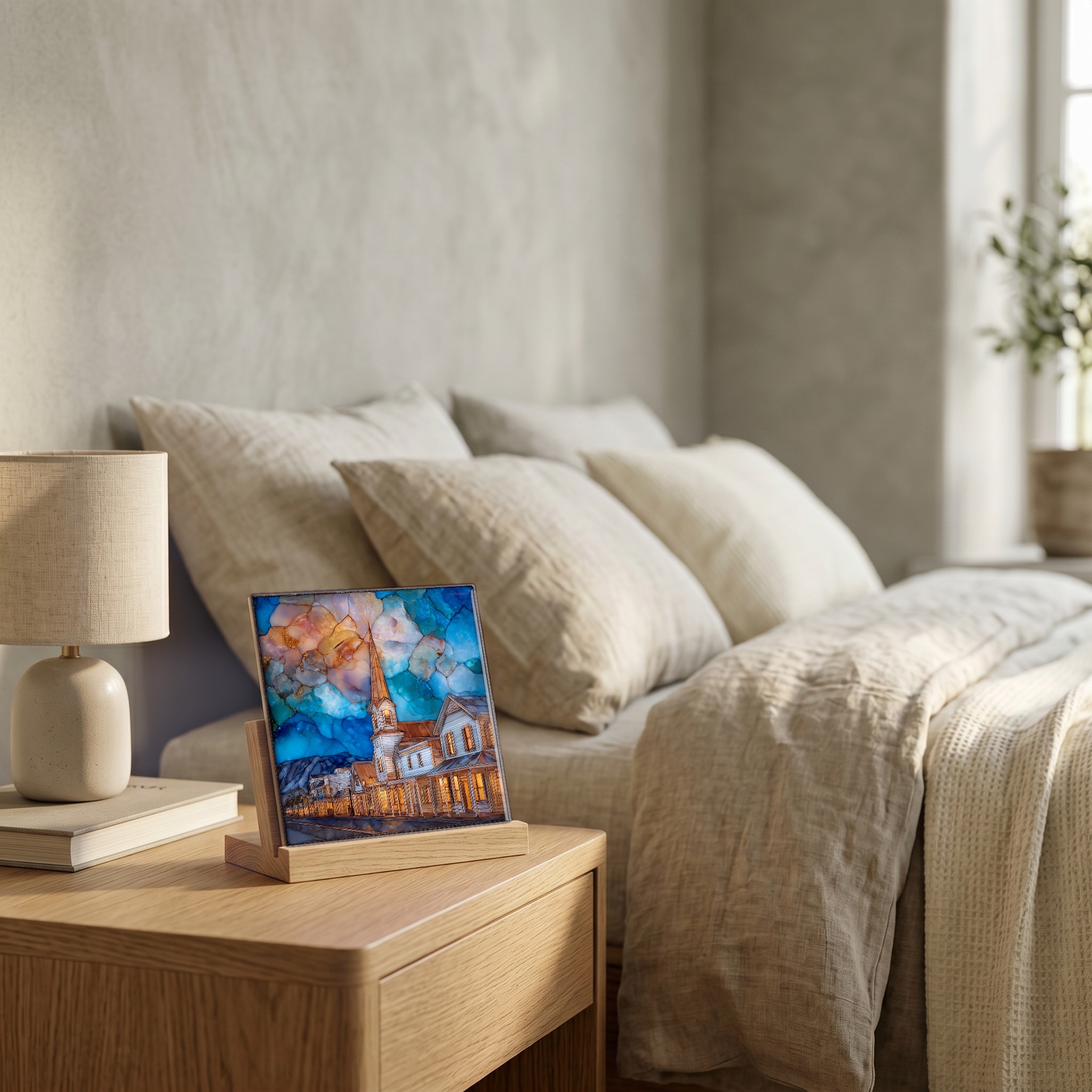 On the nightstand, on a light oak stand.