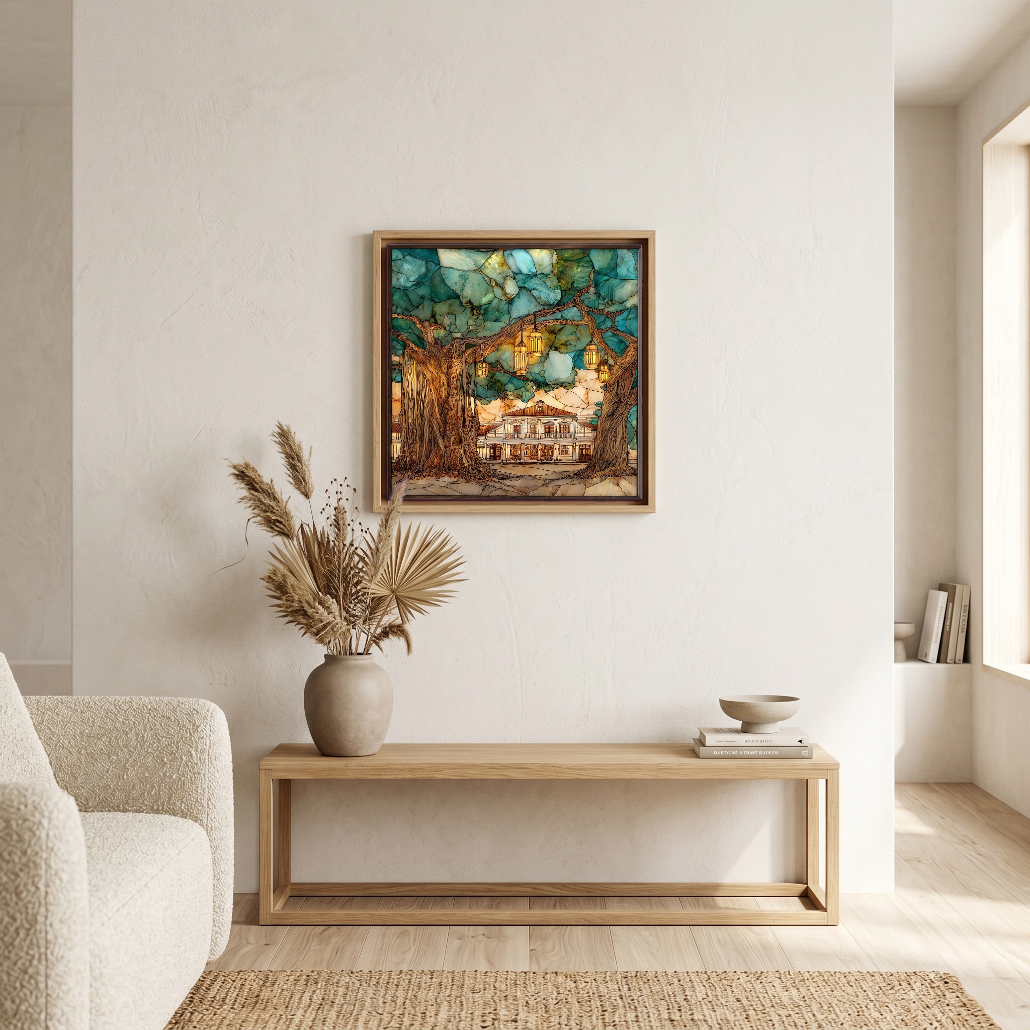 Above the bench, in a warm oak surround.