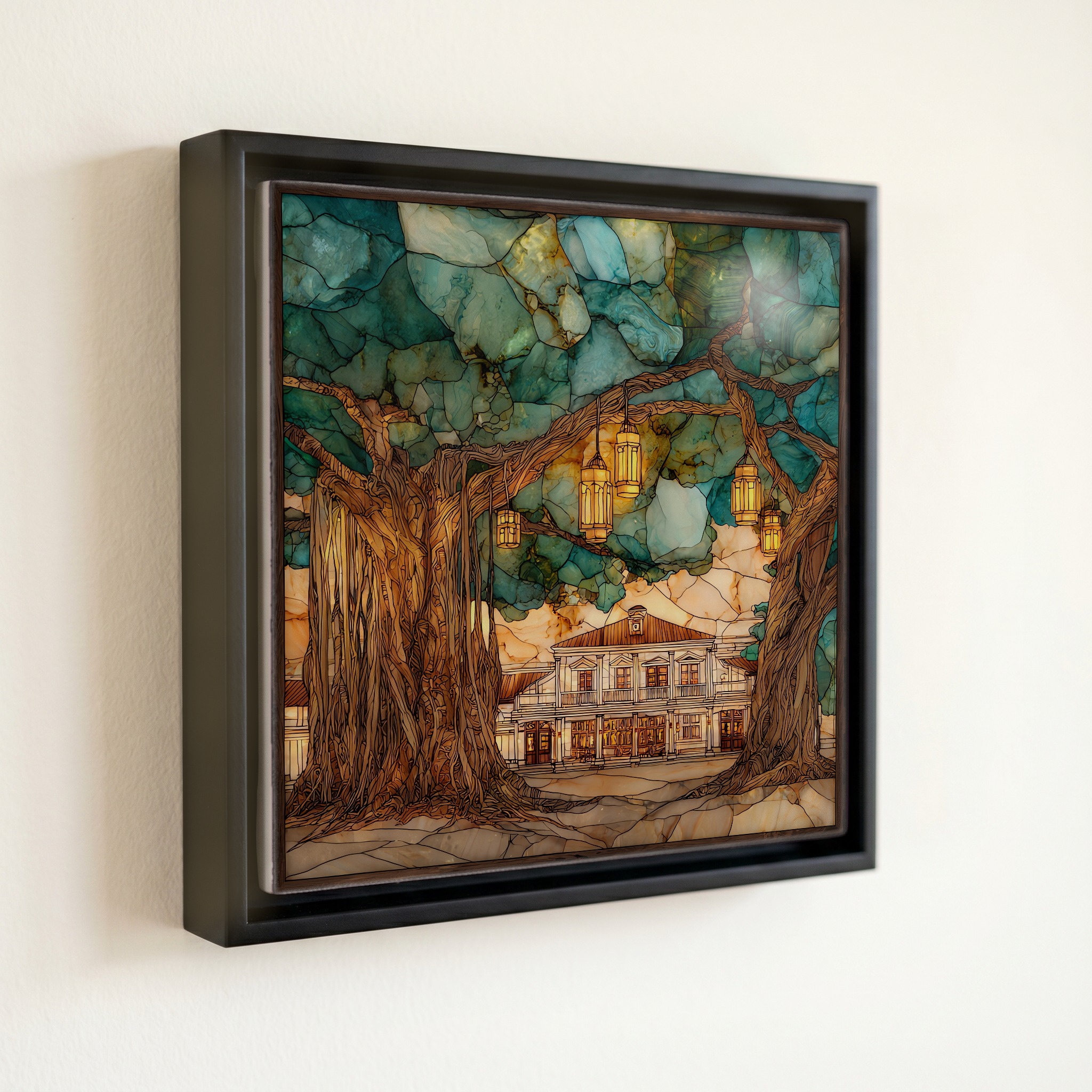 shown in a slim black floating frame · 6 × 6 in