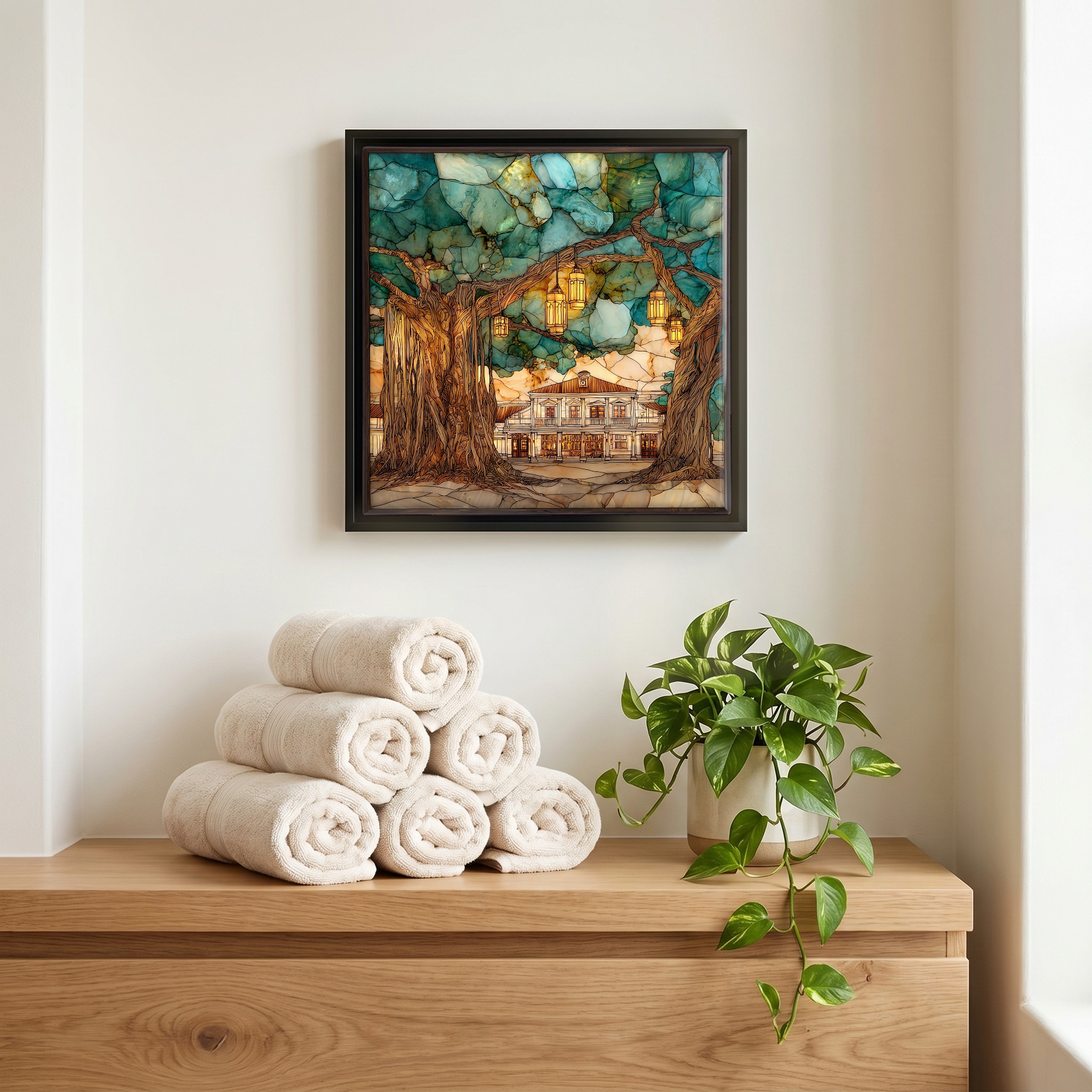 Above the linens, in a slim black surround.
